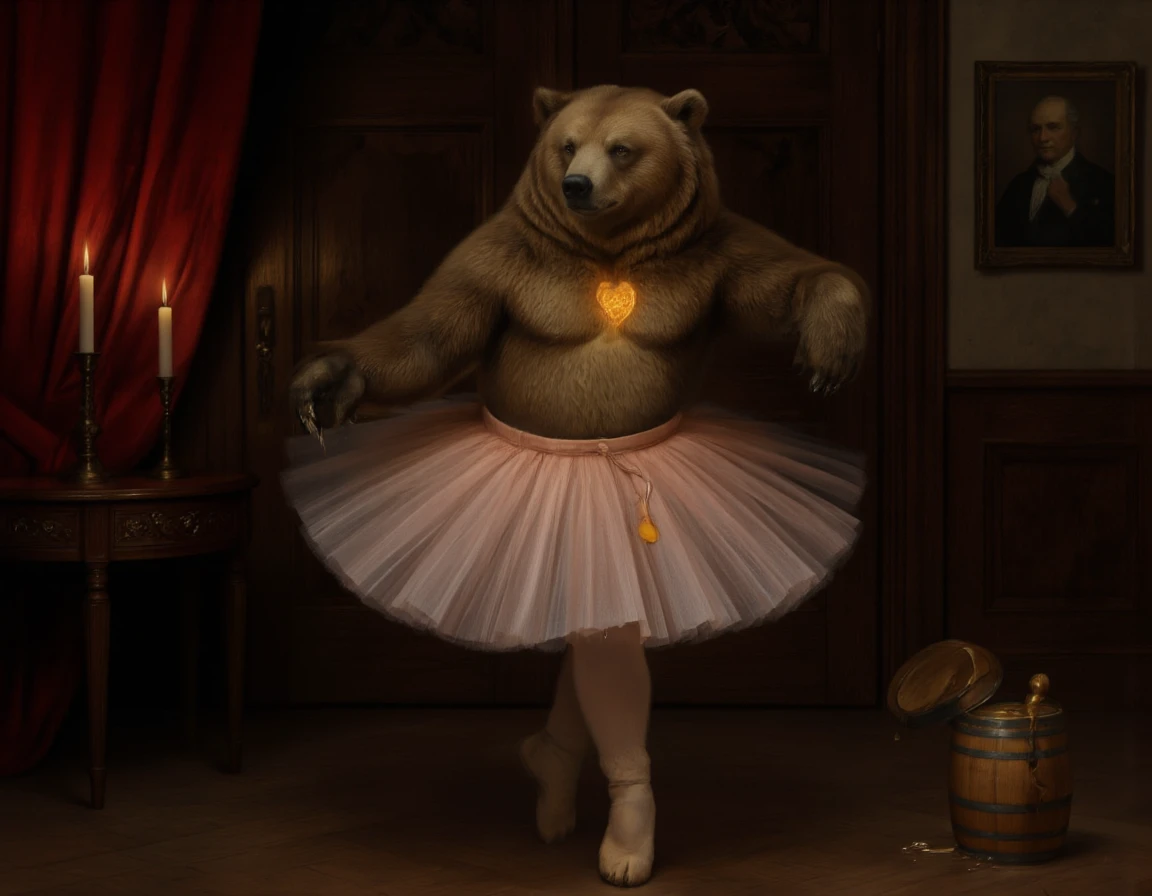 <lora:mishka:1>,A large, round brown bear stands gracefully on a polished wooden floor, wearing a delicate pink tutu that sways gently around him. His fur is thick and well-groomed, glowing softly in the warm light from two lit candles on an antique side table to his left. He wears no clothes other than the tutu, but his posture is poised and deliberate, like a ballerina mid-performance. One paw is raised elegantly, as if caught mid-dance, while the other rests lightly on the floor. His amber eyes are bright and focused, reflecting both confidence and kindness.
Behind him, a heavy red velvet curtain partially drawn back suggests a stage or performance setting, adding a sense of drama and anticipation. To his right, a small wooden barrel of honey sits on the floor, its lid slightly ajar, with a single honey drop clinging to the edge, glistening in the candlelight. The honey barrel is not just a propâitâs a symbol of his gentle nature and love for sweetness.
The background is richly detailed:
A dark wooden door serves as the backdrop, giving the scene a classic, almost Victorian feel.
A framed portrait of an older bear hangs on the wall, suggesting family heritage or wisdom passed down through generations.
The warm glow of the candles casts soft shadows, enhancing the texture of his fur and the intricate details of the tutu.
Style: Classical realism with a whimsical twist, capturing the elegance of ballet and the warmth of a beloved character. Mood: gentle, dignified, slightly melancholic yet hopeful. Symbol: a honeycomb heart glowing faintly over his chest, representing his nurturing spirit.