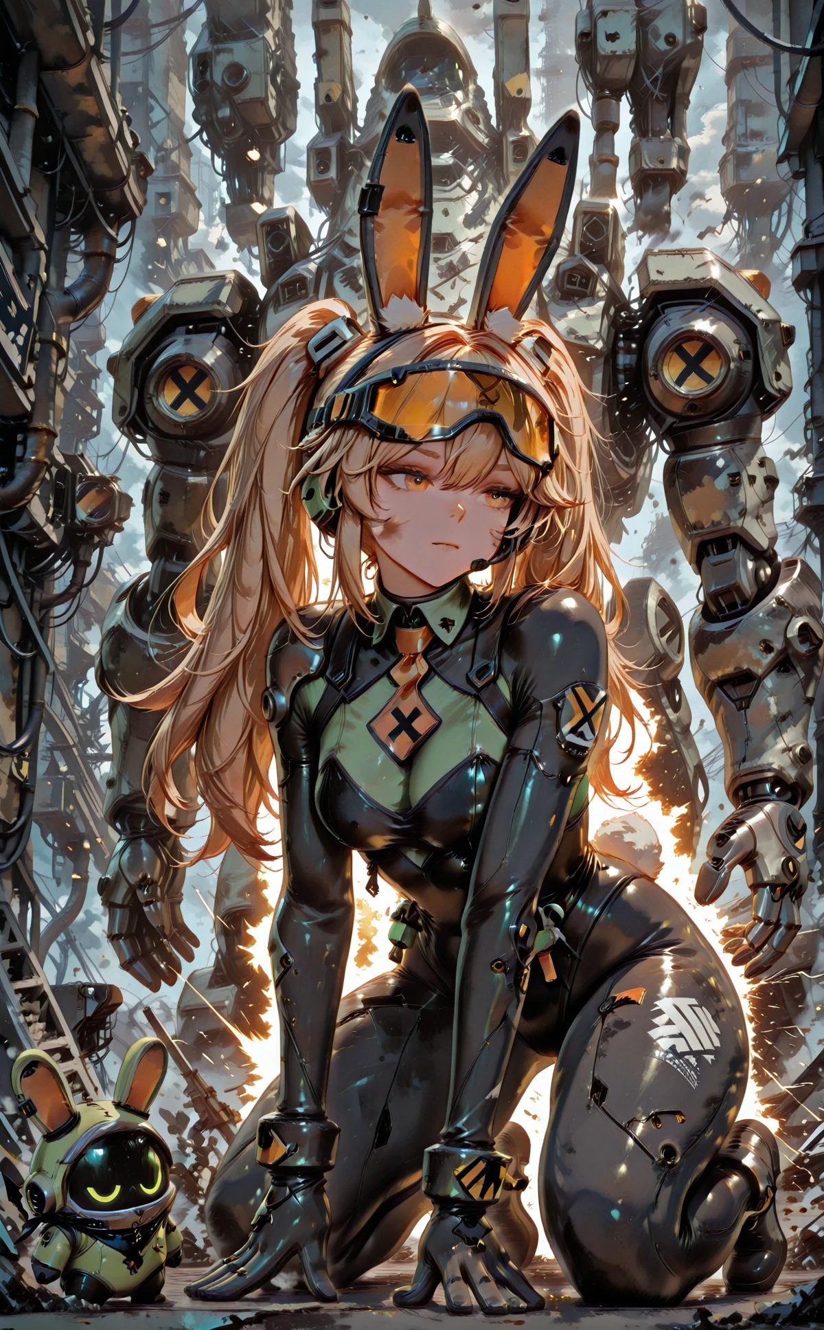 xpmbg, 1girl,  girl, rabbit girl, kneeling on floor, giant spaceship in background, futuristic machinery, holding spanner, pilot suit, headset, visor up, smudged cheek, mechanical arm in background, sparks flying, strong rim light, confident expression