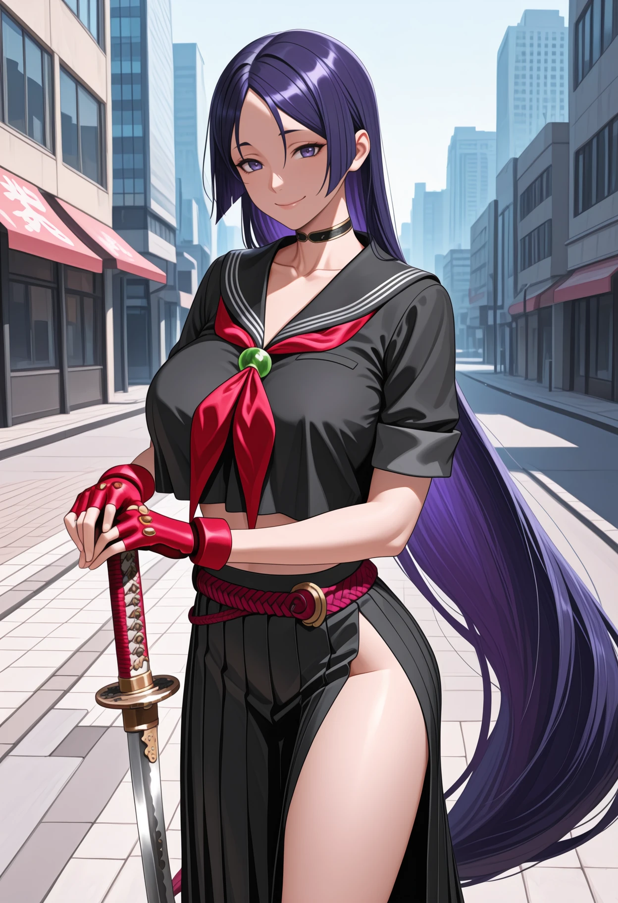 newest, solo, 1girl, smile, looking at viewer, standing, hands on hilt, planted sword, katana, long hair, purple hair, parted bangs, purple eyes, black serafuku, black shirt, crop top overhang, black sailor collar, red neckerchief, short sleeves, red gloves, fingerless gloves, long skirt, black skirt, pleated skirt, side slit, choker, collarbone, midriff, , outdoors, day, urban, building, city, sidewalk
<segment:yolo-Anzhc Face seg 640 v3 y11n.pt,0.5,0.5//cid=11>