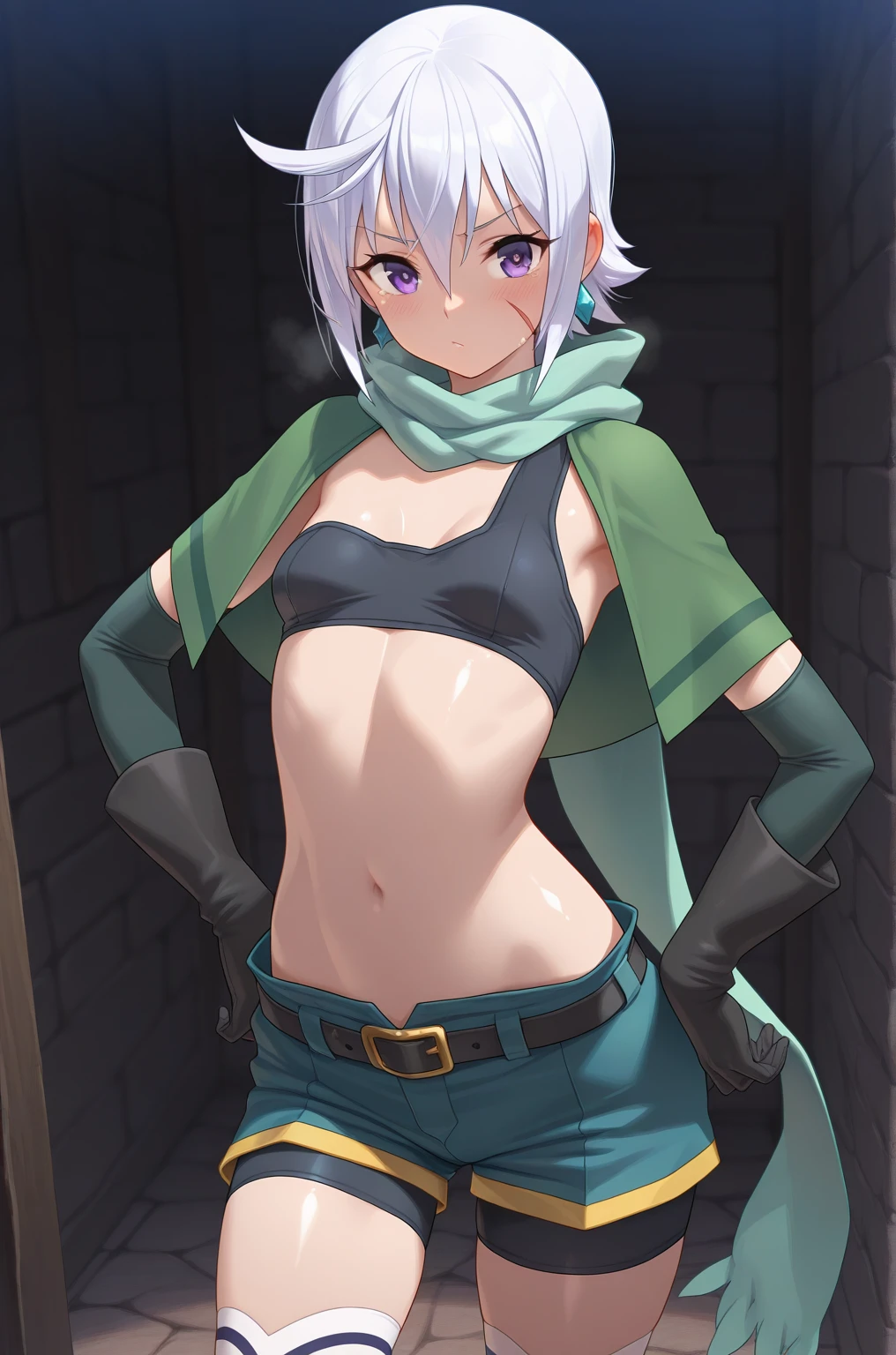 masterpiece, best quality, amazing quality, best quality, amazing quality, shiny skin, BREAK Chris-Liver020, 1 girl, short hair, white hair, purple eyes, black gloves, elbow gloves, white thighhighs, blue shorts, bike shorts under shorts, belt, midriff, navel, crop top, tank top, bra with 1 strap, black bra, green capelet, jewelry, blue earrings, brown footwear, hair between eyes, small breasts, scar on face, scar on cheek, strapless, black crop top, single strap