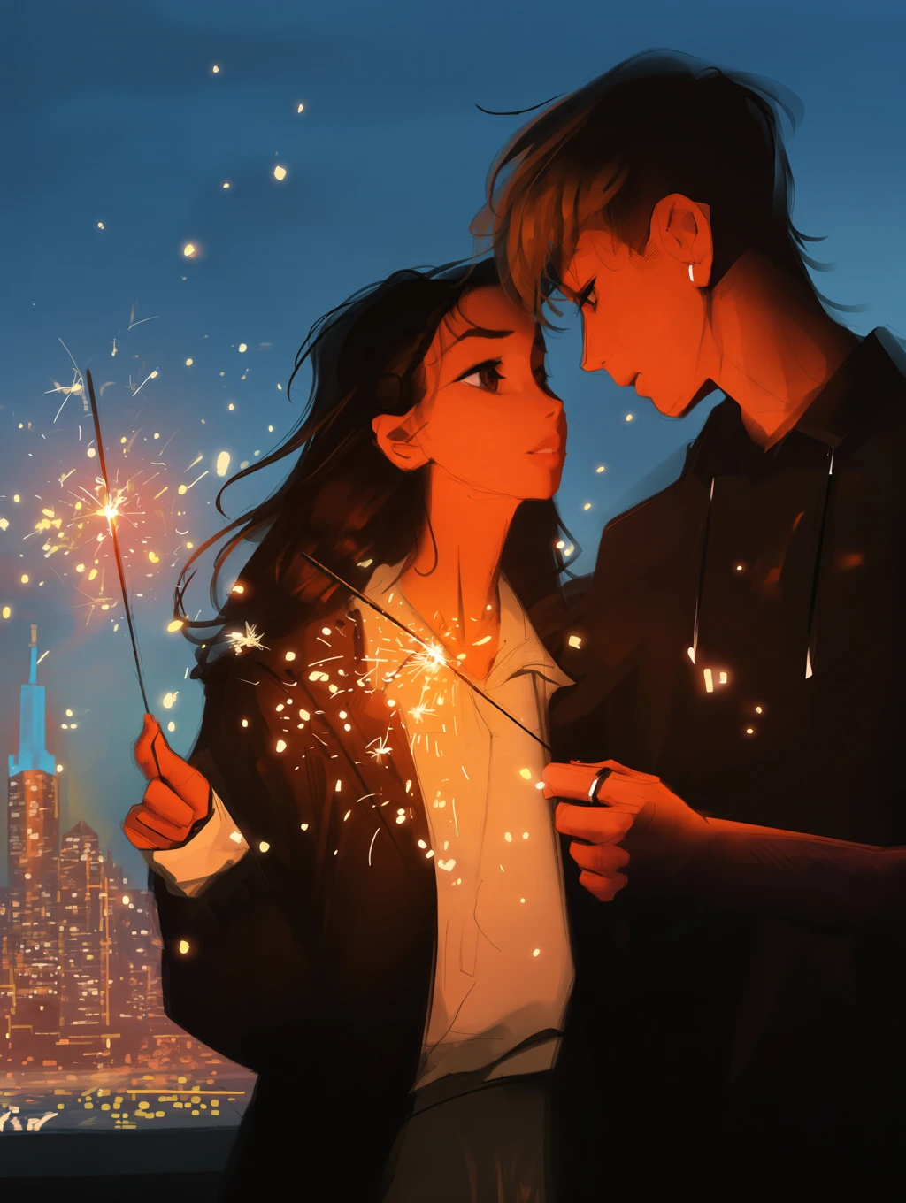 samdoesarts, A digital illustration of a romantic scene featuring a young couple holding sparklers at night, with a city skyline in the background. The couple is standing close together, looking at each other lovingly, with the man's face close to the woman's face. The woman has long, dark hair and is wearing a white shirt and a black jacket, while the man has short, light-colored hair and a serious expression. The sky is dark blue with a few stars, and the city skyline is lit up with a warm, orange glow from the sparklers they are holding. The style is semi-realistic with a focus on the couple's expressions and the sparks they are creating. The overall mood is romantic and intimate. <lora:samdoesarts_qwen:1>