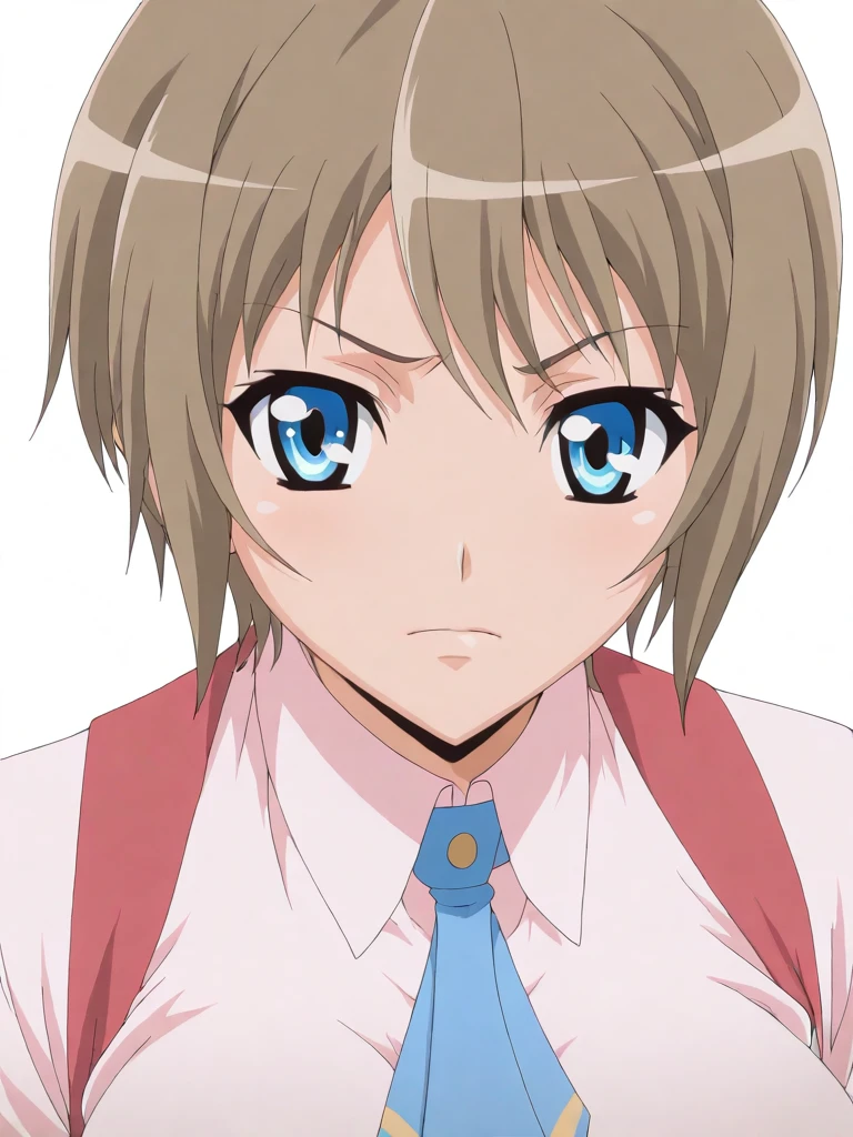 solo,masterpiece,high score,great score,absurdres,upper_body,white background,anime coloring,looking at viewer,<lora:AyaneInui hassakuill30:1> ayaneinui, brown hair, short hair, blue eyes,school uniform,necktie,