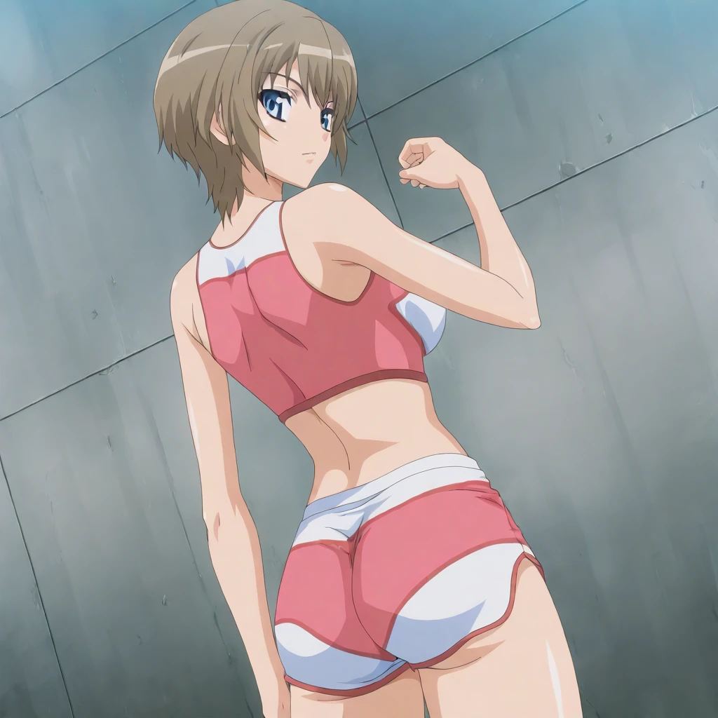 solo,masterpiece,high score,great score,absurdres,anime coloring,looking at viewer,from back,<lora:AyaneInui hassakuill30:1> ayaneinui, brown hair, short hair, blue eyes,two-tone sports bra,shorts,