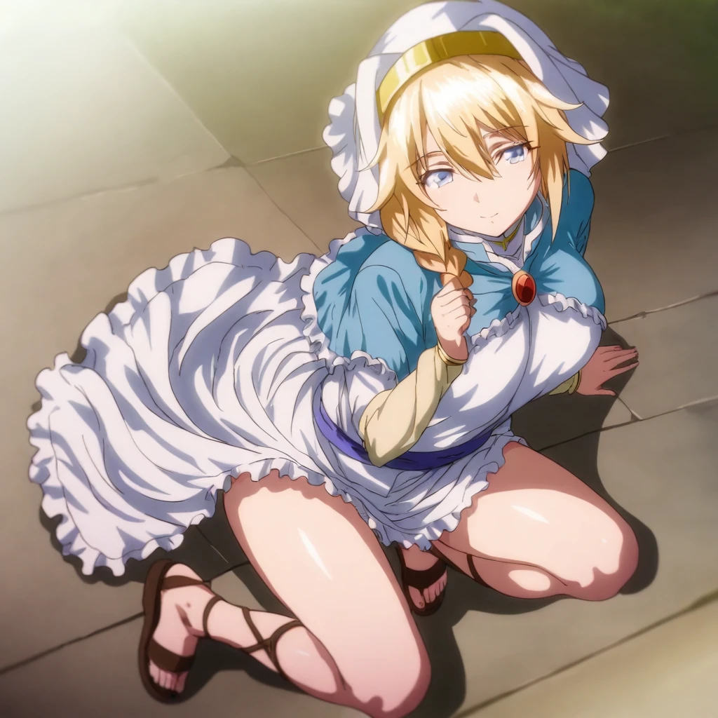 solo,anime coloring,looking at viewer,masterpiece,high score,great score,absurdres,<lora:ElenaCleric ag4o:1> elenacleric, blonde hair, braid, blue eyes,nun,dress,capelet,sash,sandals,