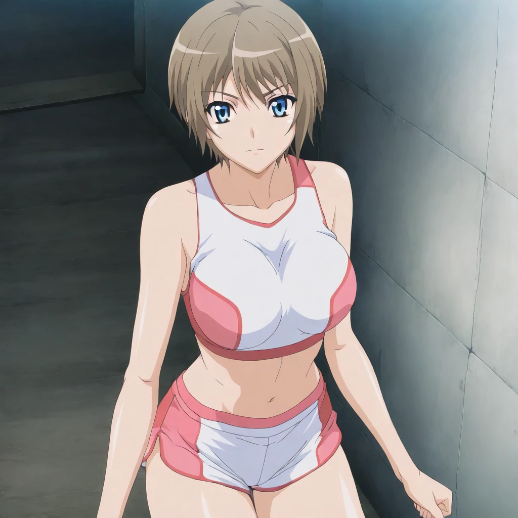 solo,masterpiece,high score,great score,absurdres,anime coloring,looking at viewer,<lora:AyaneInui hassakuill30:1> ayaneinui, brown hair, short hair, blue eyes,two-tone sports bra,shorts,