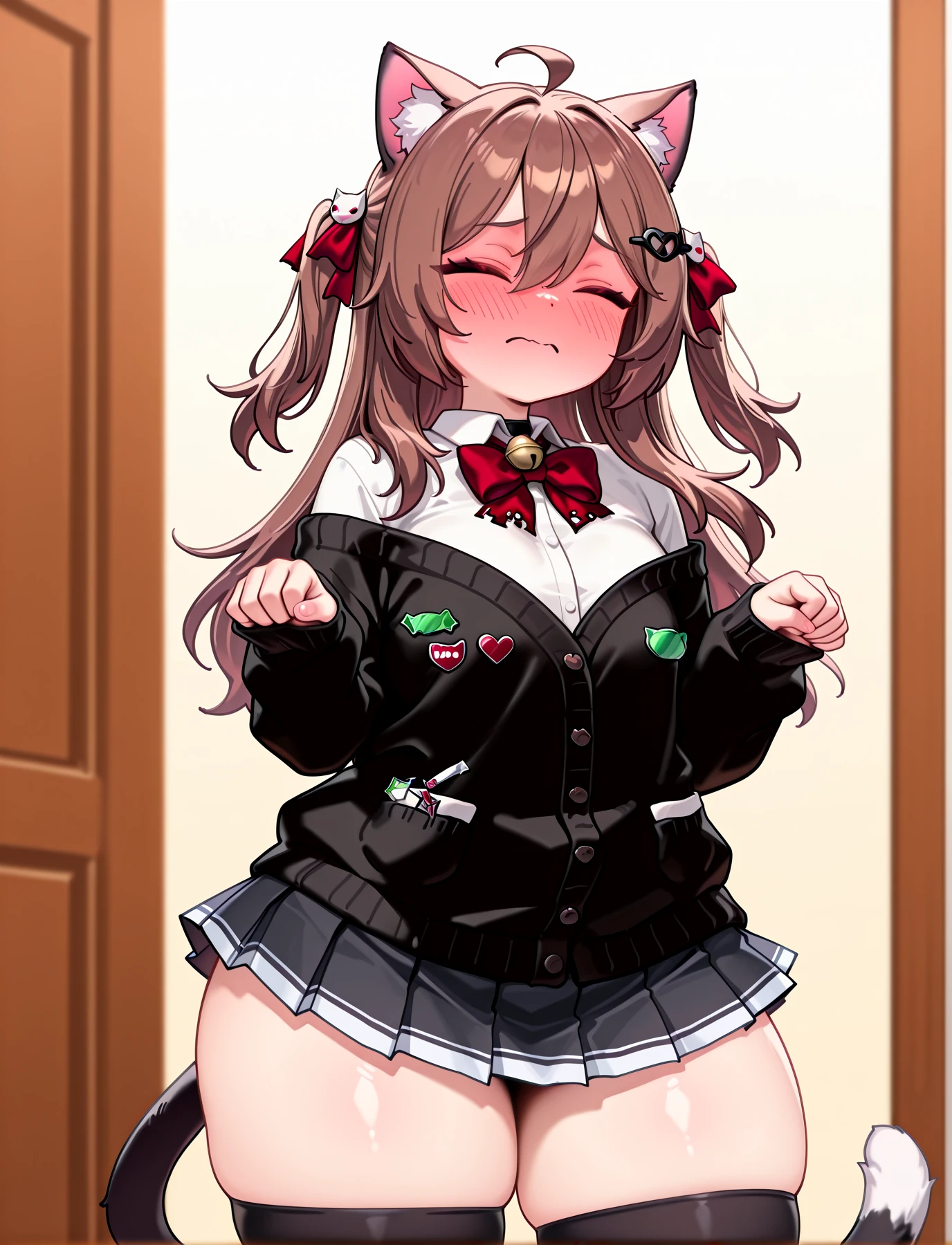 <lora:LECO-mature_female_XL(ill)v11:1> , <lora:Curvier:1>plump, thick thighs, wide hips, curvy,
<lora:EvilNeuro:1> EvilV3, brown hair, long hair, two side up, red ribbons, hair between eyes, ahoge, red eyes, broken-heart hair ornament, red bow, button badges, turtle pin, off shoulder black cardigan, sleeves past wrists, white collared shirt, black pleated microskirt, asymmetrical black thighhigh, black single thighhigh, brown loafers, cat girl, cat ears, cat tail,
<lora:sad-cat-dance-illustriousxl-lora-nochekaiser:1> sad cat dance, sad cat dance (meme), dancing, paw pose, palms together, neck bell, cowboy shot, closed eyes, embarrassed, full-face blush, 1girl, solo,, IllusP0s, masterpiece, best quality, amazing quality, very aesthetic, absurdres, newest, Smooth_Quality