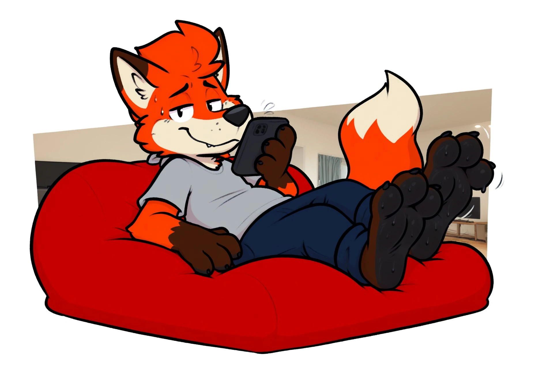 buizelknight, chibi, masterpiece, best quality, amazing quality, 1boy, male, (full body portrait), solo, living room, fox, three-quarter view, plain gray t-shirt, hot, panting, 4 fingers, sweaty feet, musky feet, bipedal, dynamic pose, quarter view, laying on floor, fan, , close up, black soles towards viewer, foot focus, sweaty feet, 3 toes, big feet, low angle, on cushion, paws, pawpads, orange fur