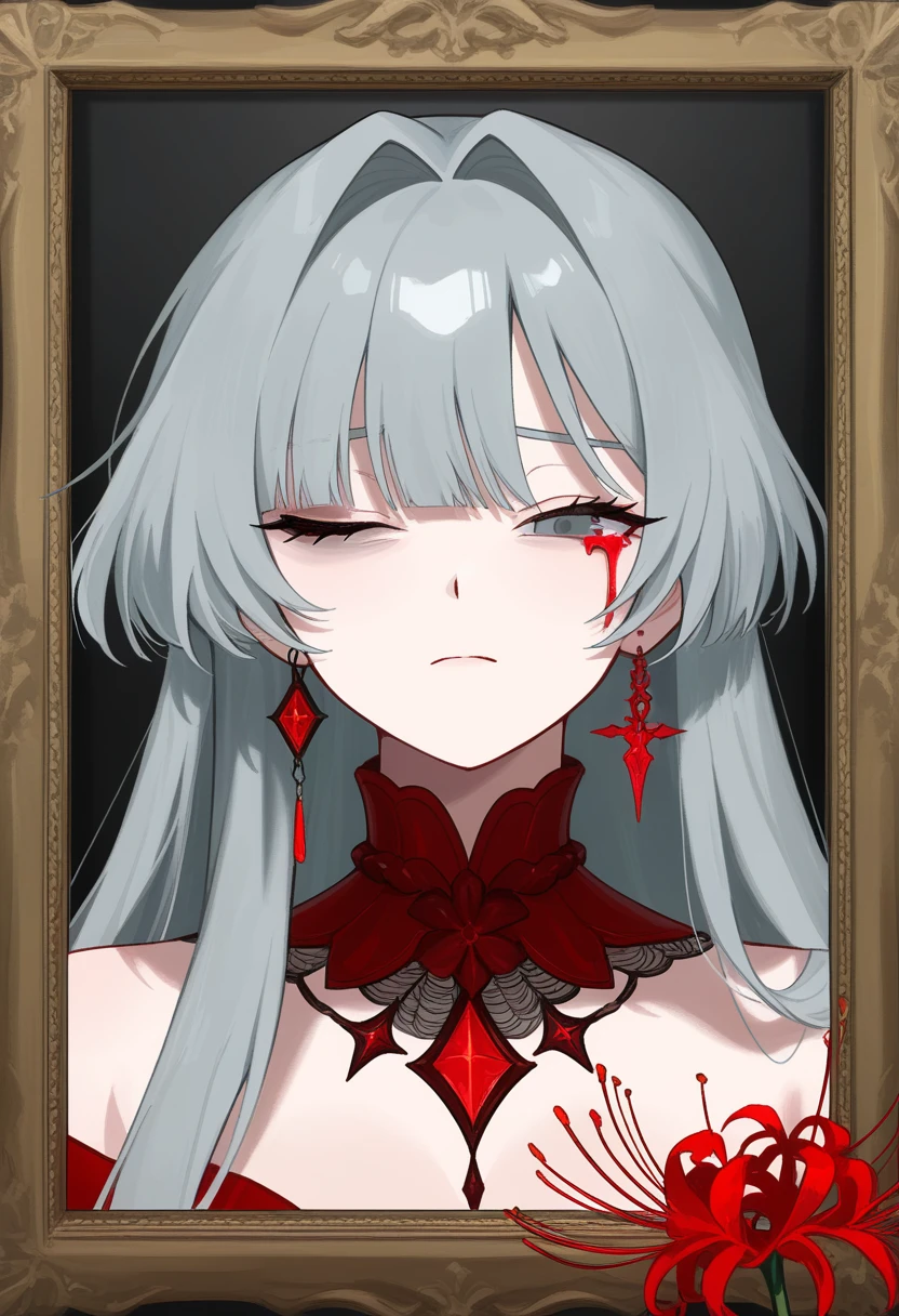 1girl,  shoulders, blood, blood from closed eye, closed mouth, intricate collar, earrings, flower, grey eyes, grey hair, hair intakes, half-closed eye, jewelry, long hair, looking at viewer, one eye closed, picture frame, portrait, red collar, single earring, solo, spider lily
<lora:limbus_vellmori_030:1>, masterpiece, best quality, highres, absurdres, <lora:nyaliaXLNBVP1lokrV6311P:0.15>  <lora:748cmXLNBVP1lokrV6311P:0.15>