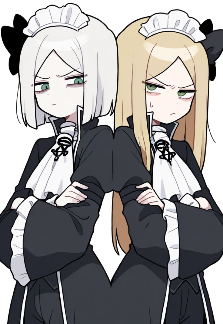 masterpiece, perfect face, beautiful face, perfect hands, beautiful hands, <lora:Pamela_Pameli_LOR_Illustrious:1>, 2girl, WedgeLOR, <lora:Back_to_back_-_ILL:1>, back-to-back, standing, upper body, simple white background, looking at viewer, serious face, crossed arms
girl, PamelaLOR, medium hair, white hair, green eyes, maid headdress, white ascot, black dress, wide sleeves, black pants
girl, PameliLOR, long hair, blonde hair, green eyes, maid headdress, white ascot, black dress, wide sleeves, black pants