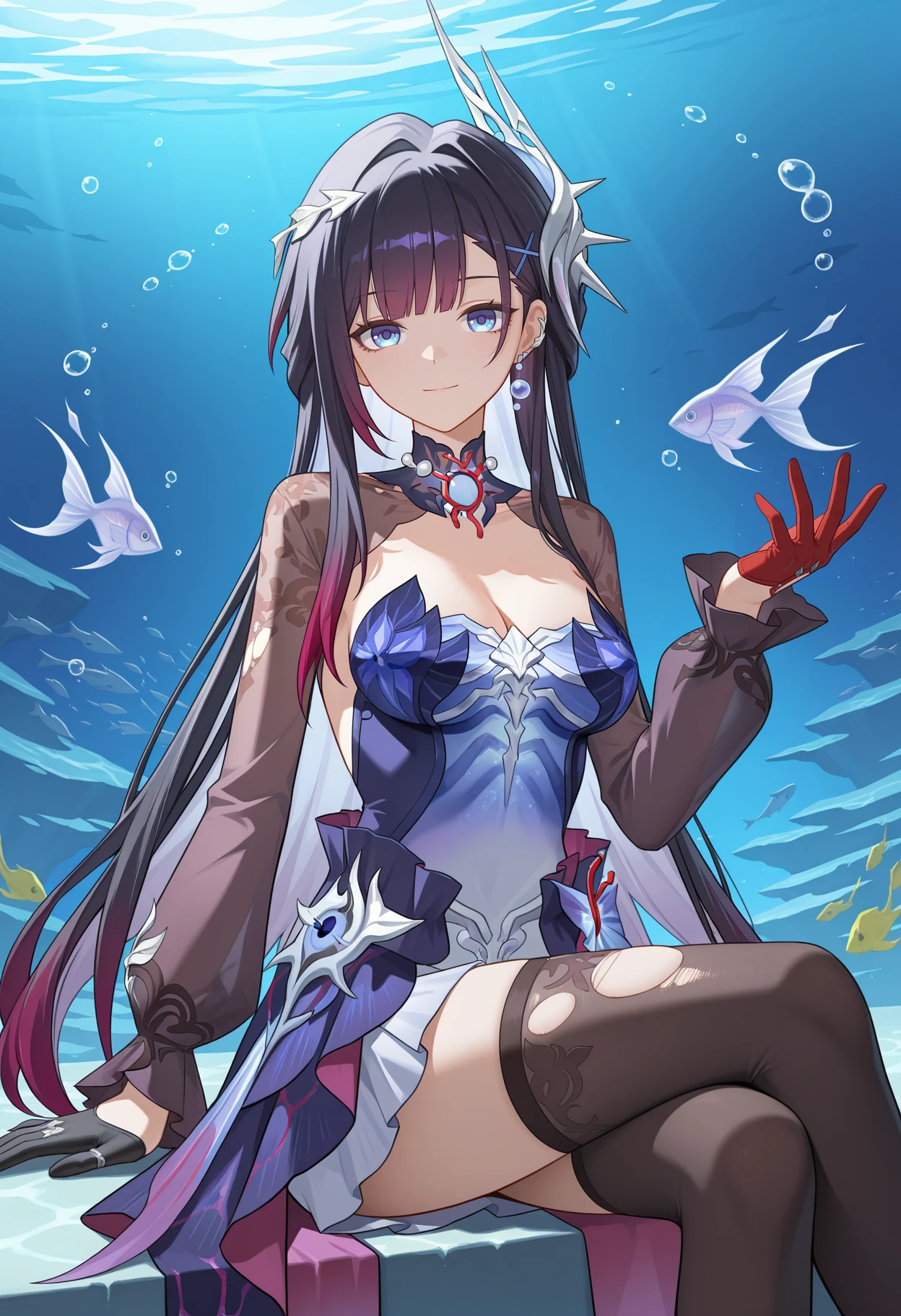 <lora:æµ·çé³ v1.1-Illustrious:1>,
hysilens \(honkai: star rail\),solo,gloves,breasts,smile,long sleeves,looking at viewer,dress,hair ornament,jewelry,closed mouth,half gloves,black gloves,earrings,medium breasts,cleavage,purple dress,single earring,strapless,strapless dress,ribs,cowboy_shot,blue dress,blue eyes,purple eyes,red glove,see-through,crossed_legs,sitting,black thighhighs,torn thighhighs,underwater,air_bubble,bubble,fish,swirl,
