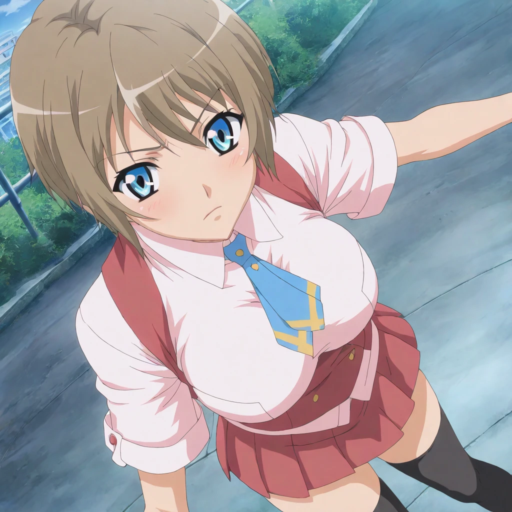 solo,masterpiece,high score,great score,absurdres,anime coloring,looking at viewer,<lora:AyaneInui hassakuill30:1> ayaneinui, brown hair, short hair, blue eyes,school uniform,necktie,skirt,black thighhighs,