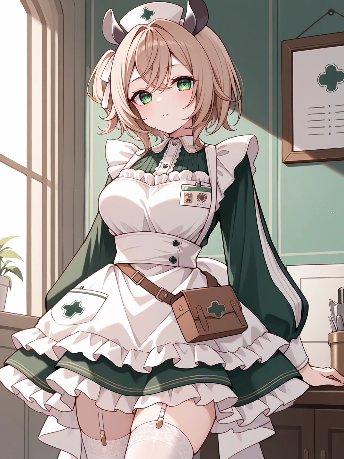 masterpiece, best quality, 1girl, solo, <lora:MrKeb_NimiNightmare_ILv2:1>, vtnimi, green eyes, short hair, brown hair, one side up, white hair ribbon, tapir ears, medium breasts, nurse cap, green dress, collared dress, puffy long sleeves, white apron, id badge, waist bag, white thighhighs, garter straps, frilled apron, frilled dress