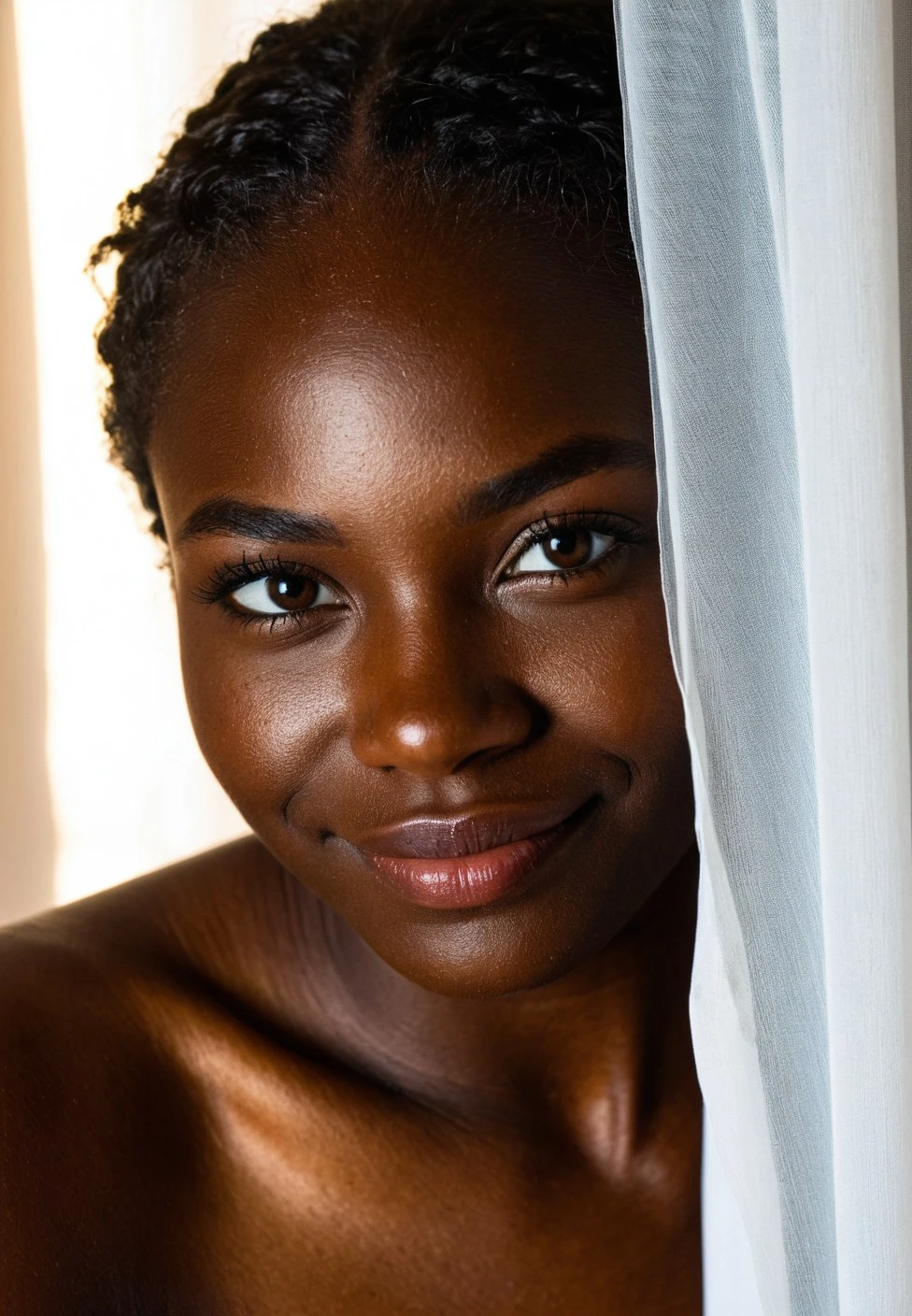 Photo, RAW, Best Quality, High Quality, HDR, 4K, Intricate Details, Beautiful, very detailed, volumetric lighting, Confused, Soft features, absurdres, 21yo black african woman, dark skin, beautiful eyes, shy, seductive, teasing, playful, action, motion, colorful, dynamic angle, darkbrown hair gradient transition to whiteblonde on the tips, extreme small face, monolid eyes, lips apart, (upper body photo:1.3), face framed between two curtains, structure, realistic, ultra detailed, realistic skin texture, gentle smile,
