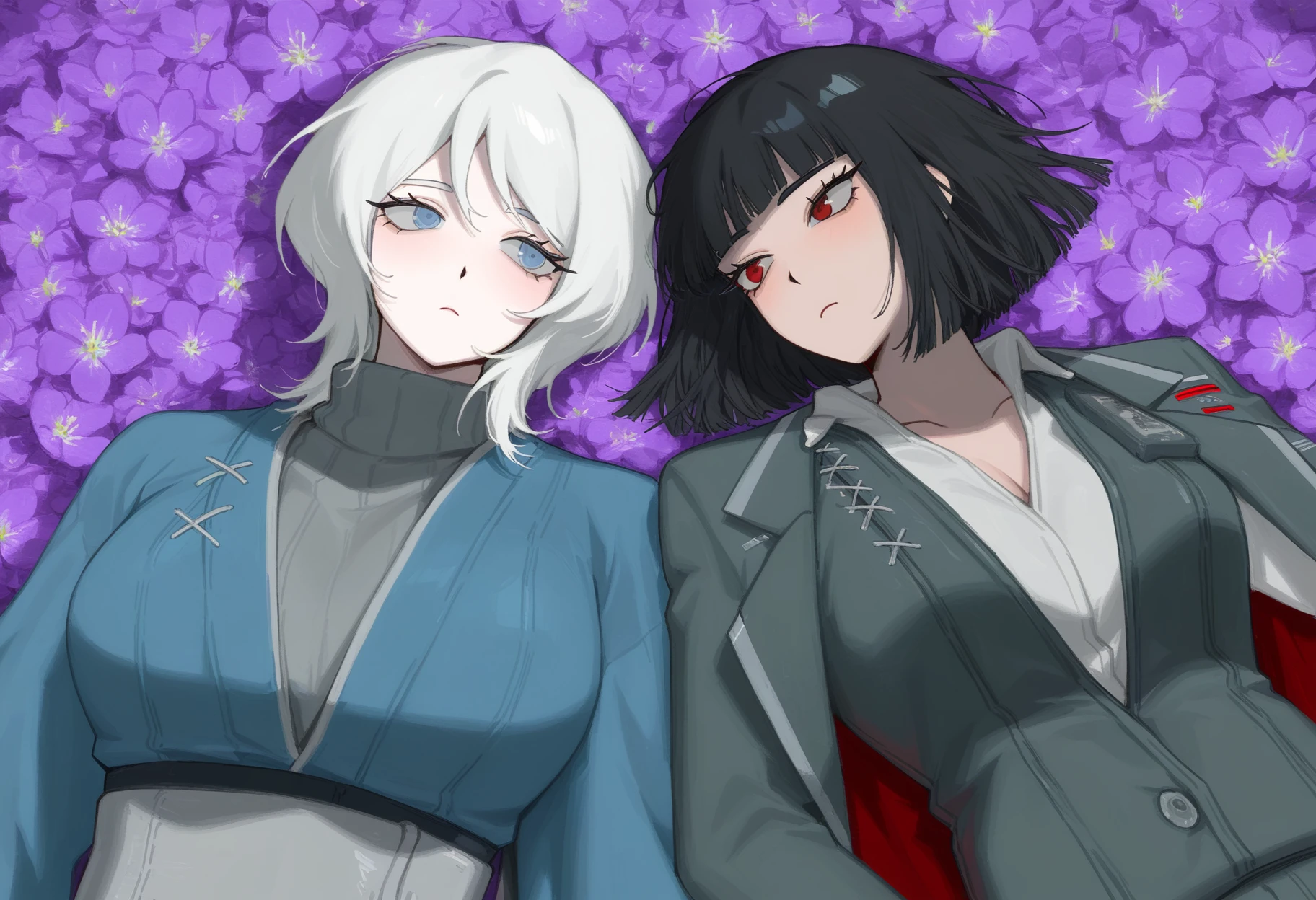 project moon, limbus company, ryoshu \(project moon\), faust \(project moon\),  black hair, blue eyes, blue kimono, bob cut, , closed mouth, coat, flower, grey sweater, japanese clothes, kimono, , long sleeves, looking at another, lying, on back, purple flower, red eyes, short hair, striped clothes, striped coat, sweater, upper body, white coat, white hair
<lora:limbus_vellmori_030:1.1>, masterpiece, best quality, highres, absurdres, <lora:nyaliaXLNBVP1lokrV6311P:0.15>  <lora:748cmXLNBVP1lokrV6311P:0.15>