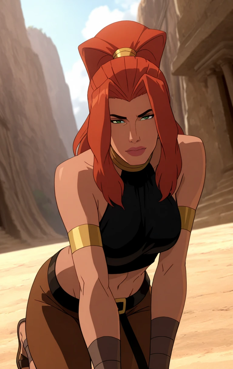 "0" :"masterpiece, best quality, highres,best quality, amazing quality, very aesthetic, high resolution, ultra-detailed,1girl, solo, long hair, breasts, green eyes, bare shoulders, medium breasts, red hair, belt, pointy ears, belt buckle, armband, brown skin, high ponytail,art3m1s,((shinny skin,cowboy shot,standing from above))",
"7" :"masterpiece, best quality, highres,best quality, amazing quality, very aesthetic, high resolution, ultra-detailed,1girl, solo, long hair, breasts, green eyes, bare shoulders, medium breasts, red hair, belt, pointy ears, belt buckle, armband, brown skin, high ponytail,art3m1s,((shinny skin,cowboy shot,kneeling from above))",
"14" :"masterpiece, best quality, highres,best quality, amazing quality, very aesthetic, high resolution, ultra-detailed,1girl, solo, long hair, breasts, green eyes, bare shoulders, medium breasts, red hair, belt, pointy ears, belt buckle, armband, brown skin, high ponytail,art3m1s,((shinny skin,cowboy shot,sitting,legs spread,front view,from below))",
"21" :"masterpiece, best quality, highres,best quality, amazing quality, very aesthetic, high resolution, ultra-detailed,1girl, solo, long hair, breasts, green eyes, bare shoulders, medium breasts, red hair, belt, pointy ears, belt buckle, armband, brown skin, high ponytail,art3m1s,((shinny skin,cowboy shot,bent over,ass view,ass focus))",
"28" :"masterpiece, best quality, highres,best quality, amazing quality, very aesthetic, high resolution, ultra-detailed,1girl, solo, long hair, breasts, green eyes, bare shoulders, medium breasts, red hair, belt, pointy ears, belt buckle, armband, brown skin, high ponytail,art3m1s,((shinny skin,cowboy shot,on all fours,ass up))",
"35" :"masterpiece, best quality, highres,best quality, amazing quality, very aesthetic, high resolution, ultra-detailed,1girl, solo, long hair, breasts, green eyes, bare shoulders, medium breasts, red hair, belt, pointy ears, belt buckle, armband, brown skin, high ponytail,art3m1s,((shinny skin,cowboy shot,on all fours,ass up,torso forward,front view))",
"42" :"masterpiece, best quality, highres,best quality, amazing quality, very aesthetic, high resolution, ultra-detailed,1girl, solo, long hair, breasts, green eyes, bare shoulders, medium breasts, red hair, belt, pointy ears, belt buckle, armband, brown skin, high ponytail,art3m1s,((shinny skin,cowboy shot,laying on belly,ass view))",
"49" :"masterpiece, best quality, highres,best quality, amazing quality, very aesthetic, high resolution, ultra-detailed,1girl, solo, long hair, breasts, green eyes, bare shoulders, medium breasts, red hair, belt, pointy ears, belt buckle, armband, brown skin, high ponytail,art3m1s,((shinny skin,cowboy shot,kneeling,ass view,ass focus))",
"56" :"masterpiece, best quality, highres,best quality, amazing quality, very aesthetic, high resolution, ultra-detailed,1girl, solo, long hair, breasts, green eyes, bare shoulders, medium breasts, red hair, belt, pointy ears, belt buckle, armband, brown skin, high ponytail,art3m1s,((shinny skin,cowboy shot,on all fours,side view))",