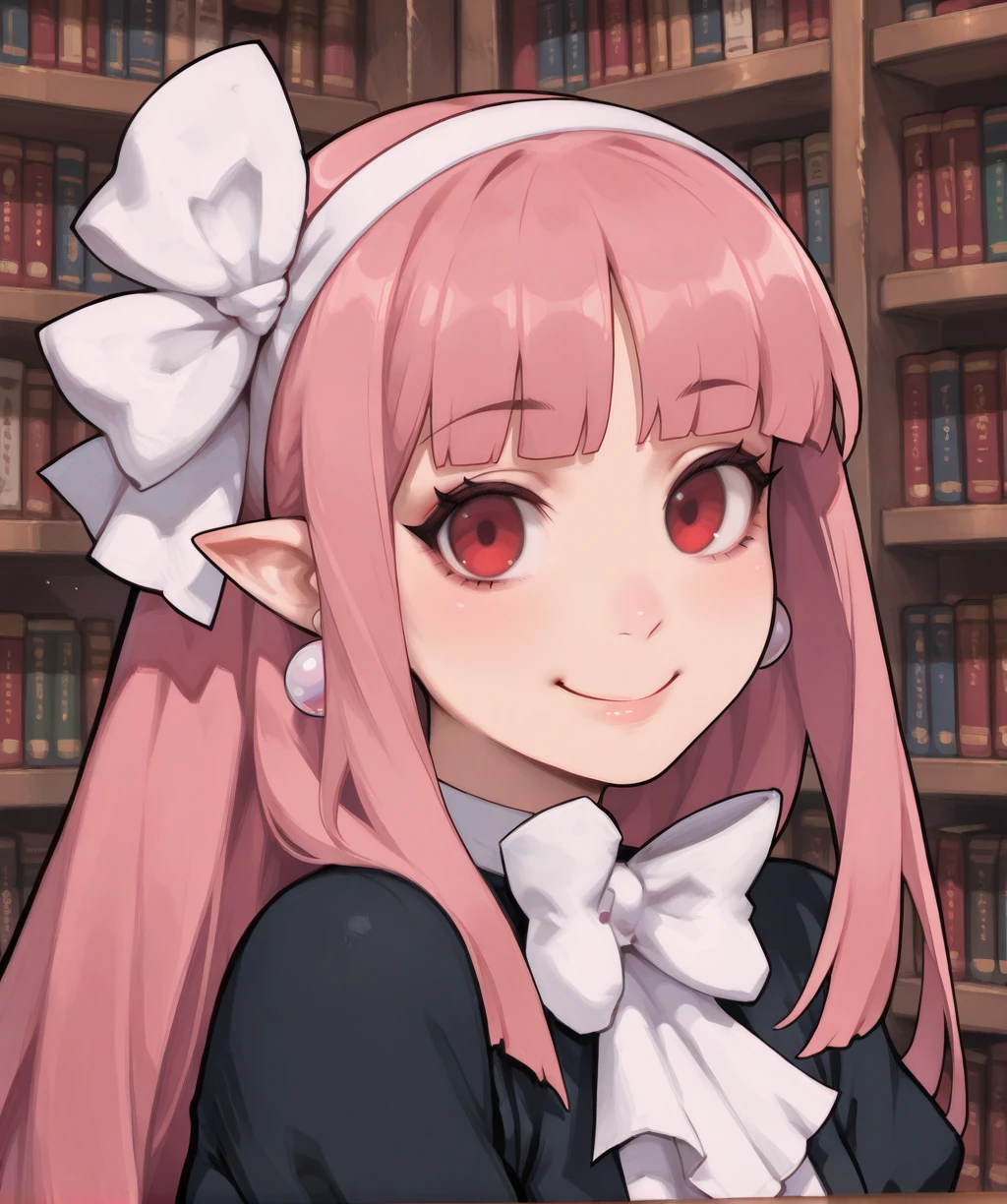 wtchdgxl, pink hair, red eyes,
smiling, upper body, close up,
black dress, white hairband, hair ribbon, earrings,
upper body, looking at viewer,
library, indoors,
solo,
(insanely detailed, masterpiece, best quality),
<lora:WitchDGXL:1>,