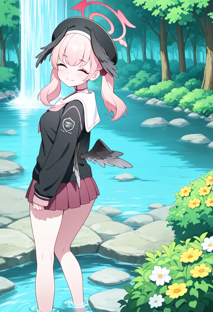 masterpiece, best quality, solo, curvy, beautiful eyes, narrow waist, wide hips, 1girl, solo, smile, looking at viewer, zzKoharu, pink eyes, pink hair, pink halo, wings, head wings, black wings, twintails, feathered wings, halo, long hair, aged up, large breasts, low wings, black headwear, beret, black shirt, long sleeves, pleated skirt, white sailor collar, ,<lora:ShimoeKoharuBlueArchive_IXL_v1:1.0>, , solo, outdoors, purple flower, sleeping, stepping stones, tree, white flower, yellow flower, closed mouth, closed eyes, plant, bush, waterfall, river, forest,