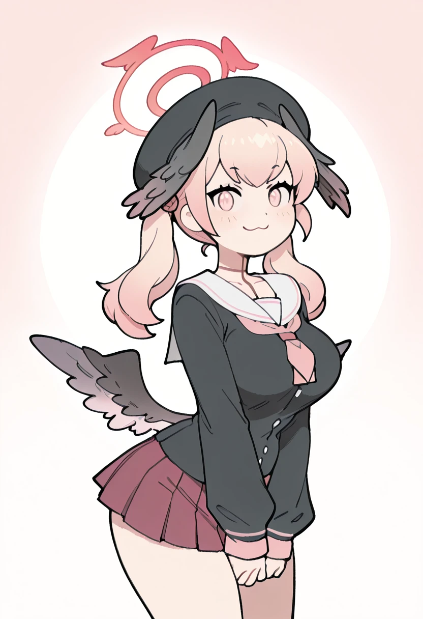 masterpiece, best quality, solo, curvy, beautiful eyes, narrow waist, wide hips, 1girl, solo, smile, looking at viewer, zzKoharu, pink eyes, pink hair, pink halo, wings, head wings, black wings, twintails, feathered wings, halo, long hair, aged up, large breasts, low wings, black headwear, beret, black shirt, long sleeves, pleated skirt, white sailor collar, ,<lora:ShimoeKoharuBlueArchive_IXL_v1:1.0>, , solo, looking at viewer, smile, T00CUT3, <lora:T00CUT3_IXL:1.0>
