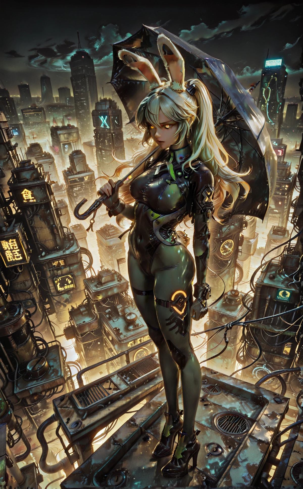 xpmbg, 1girl,  girl, rabbit girl, standing on rooftop, night cityscape, neon lights, skyline, cyberpunk, holding umbrella, long hair flowing, wind in hair, glowing eyes, form-fitting , high heels, dramatic lighting, looking over shoulder