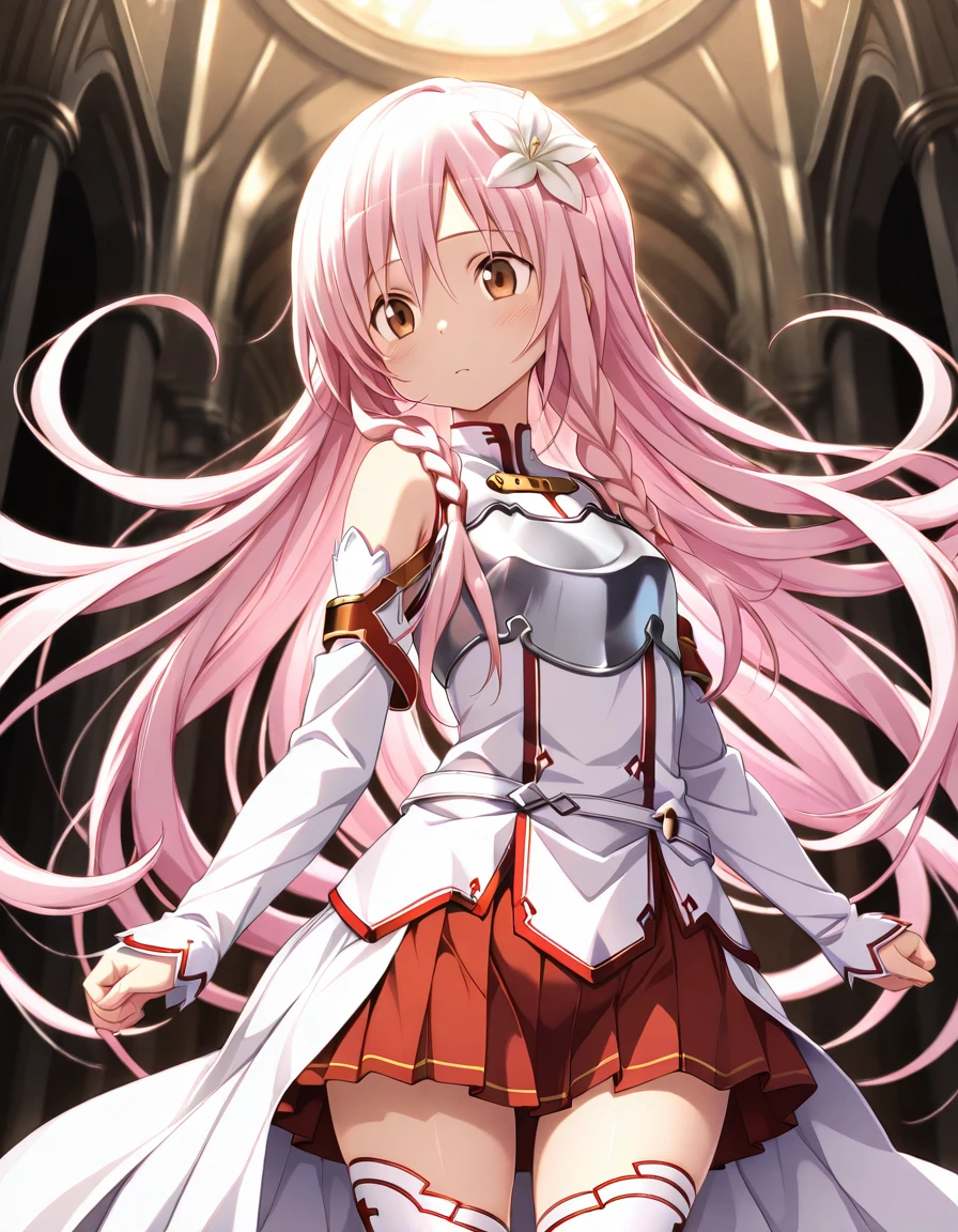 masterpiece, best quality, amazing quality, ultra detail, best resolution, good , good hand,
BREAK <lora:Knights-of-the-Blood-Oath-uniform-illustrious v2:0.8> Knights-of-the-Blood-Oath-uniform, white thighhighs, detached sleeves, skirt, white dress, waist cape, armored dress, breastplate, red skirt, pleated skirt, mini skirt
BREAK <lora:kuro Chrono Clock (Purple Software)-illustrious:1> kur0, very long hair, pastel pink hair, hair accessary, flower accessary, lily accessary, brown eyes, small , sidelocks, twin braids