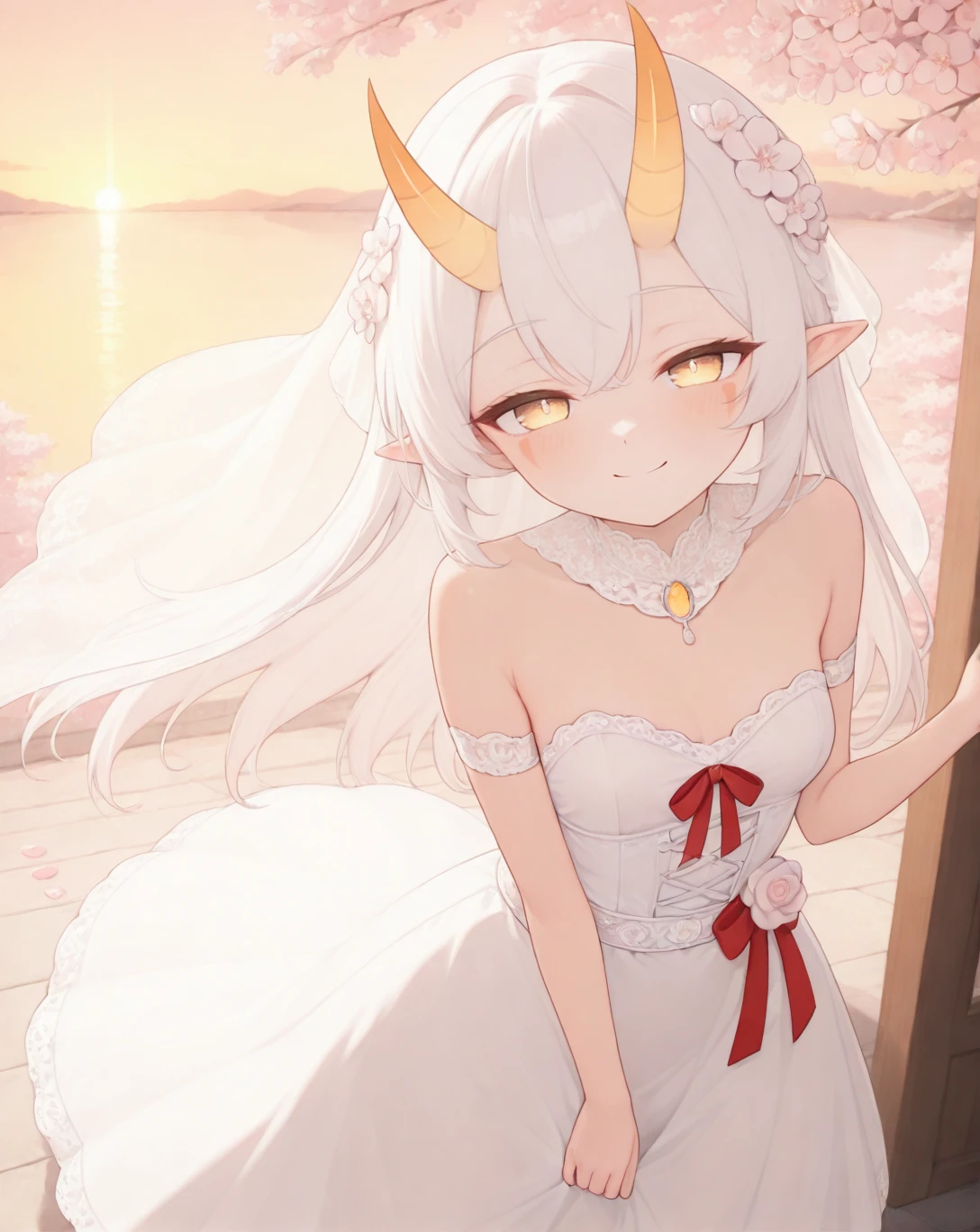 lazypos,<lora:yujin:0.7>,yujin,best quality,masterpiece,red_oni_horns,<lora:SakuraDG v3.0:0.5>,yellow eyes,1girl,bride,white wedding dress,strapless,corset top,flowing skirt,lace trim,floral belt,red ribbon in hair,flower crown,long white hair,hair ornament,cherry blossom petals,smile,golden hour lighting,sunset glow,warm light on skin,riverside,cherry blossom trees,petals in the air,romantic atmosphere,anime style,ultra detailed background,from_side,from_above,close up,half-closed eyes,small breasts,<lora:StS-Illustrious-Detail-Slider-v1.0:2>,closed mouth,full body,hand_in_hair,