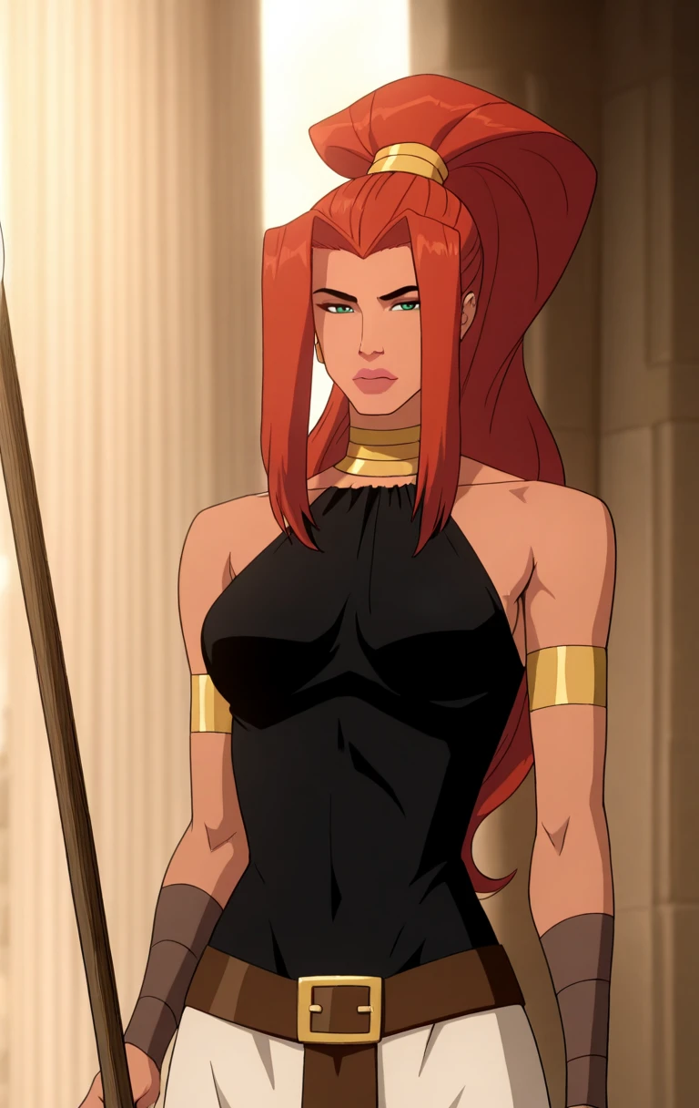 "0" :"masterpiece, best quality, highres,best quality, amazing quality, very aesthetic, high resolution, ultra-detailed,1girl, solo, long hair, breasts, green eyes, bare shoulders, medium breasts, green hair, red hair, belt, pointy ears, belt buckle, armband, brown skin, high ponytail,art3m1s,((shinny skin,cowboy shot))",