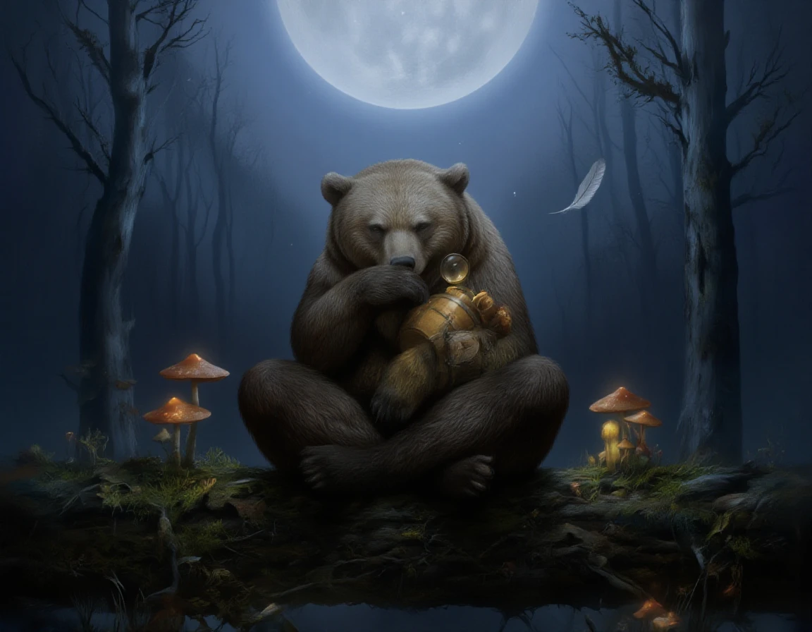<lora:mishka:1>A bear sits cross-legged on a mossy log under a full moon, his honey barrel balanced carefully beside him. His fur glows softly in the silver light, and his eyes are half-closed, lost in thought. One paw holds a magnifying glass, the other rests on his lap. Around him: glowing mushrooms, a single feather drifting down, the hush of the forest in the night. Background: a twilight forest, soft blue light, shadows stretching long. Style: realistic wildlife illustration, ethereal lighting, subtle textures of fur and forest floor. Mood: reflective, introspective, touched by magic.