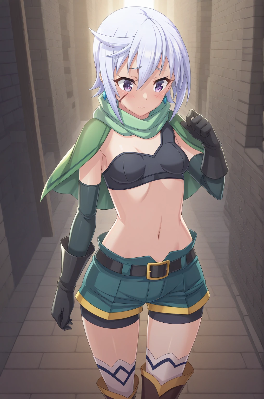 KonosubaFantasticDays-Liver020, masterpiece, best quality, amazing quality, best quality, amazing quality, shiny skin, BREAK Chris-Liver020, 1 girl, short hair, white hair, purple eyes, black gloves, elbow gloves, white thighhighs, blue shorts, bike shorts under shorts, belt, midriff, navel, crop top, tank top, bra with 1 strap, black bra, green capelet, jewelry, blue earrings, brown footwear, hair between eyes, small breasts, scar on face, scar on cheek, strapless, black crop top, single strap, green scarf