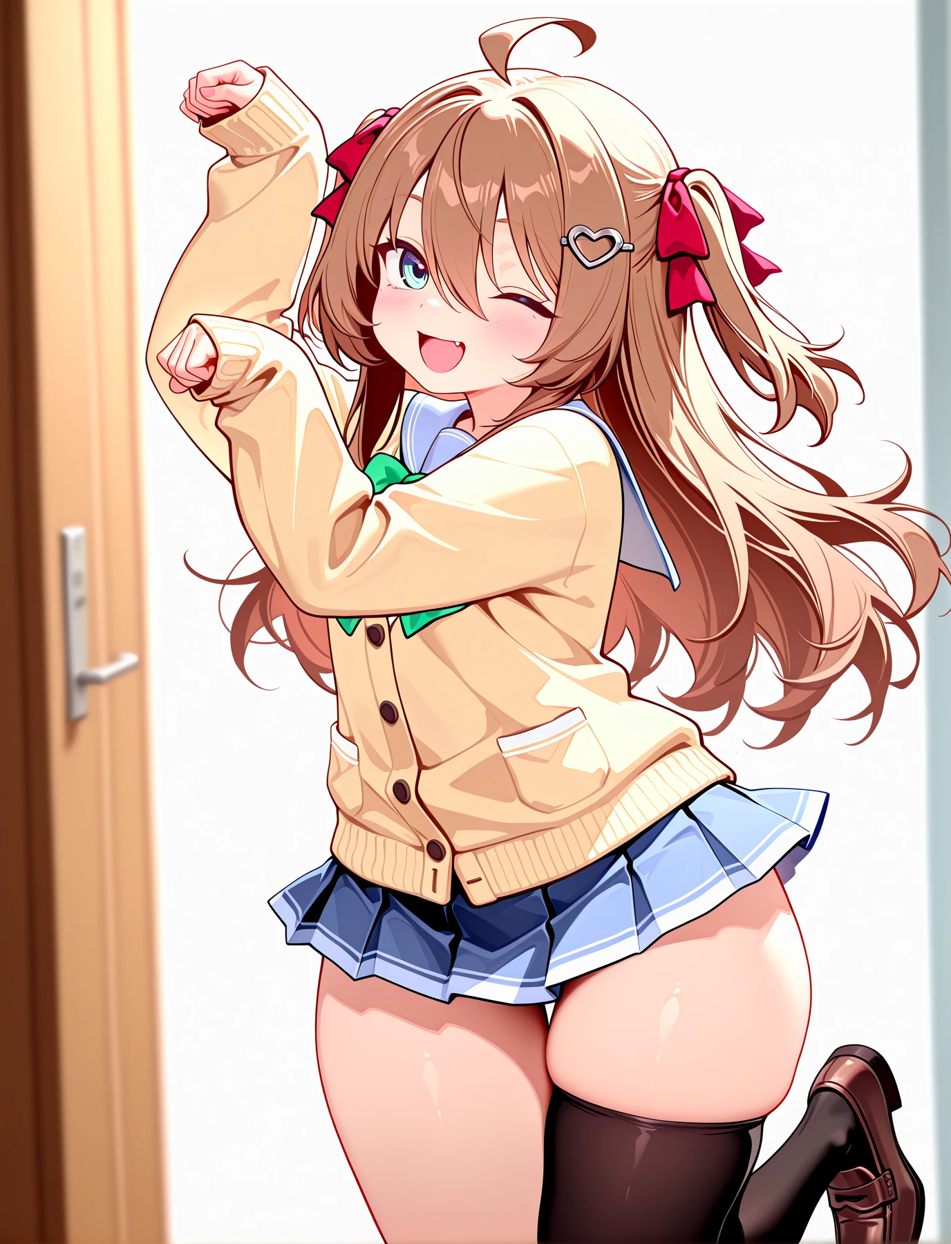 <lora:LECO-mature_female_XL(ill)v11:1> , <lora:Curvier:1>plump, thick thighs, wide hips, curvy, thigh gap,
<lora:NeuroSama:1> NeuroV3, brown hair, long hair, two side up, red ribbons, hair between eyes, ahoge, blue eyes, heart hair ornament, green bow, yellow closed cardigan, long sleeves, sleeves past wrists, blue pleated miniskirt, white trim skirt, asymmetrical black thighhigh, black single thighhigh, brown loafers,
<lora:first_place_pose0.13ILXL:1> first place pose, standing on one leg, happy, one eye closed,, IllusP0s, masterpiece, best quality, amazing quality, very aesthetic, absurdres, newest, Smooth_Quality