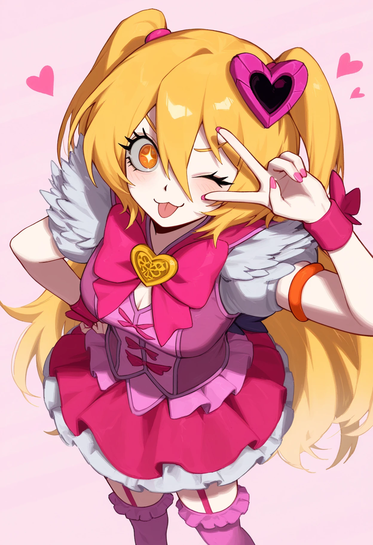 project moon, limbus company, don quixote \(project moon\), + +, 1girl, :3, blonde hair, blush, dress, (queen of hatred, queen of hatred \(cosplay\)), cosplay, one eye closed, orange armband, orange eyes, solo, tongue, tongue out, two side up, v, v over eye, bow, bowtie, gradient hair, hair ornament, heart, heart hair ornament, long hair, magical girl, pink bow, pink bowtie, pink garter straps, pink nails, pink skirt, pink vest, skirt, solo, standing, striped background, two side up, vest, from from above, foreshortening,
<lora:limbus_vellmori_030:0.9>, masterpiece, best quality, highres, absurdres