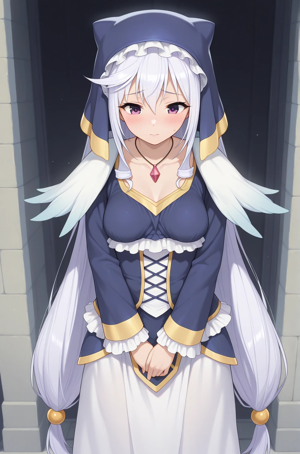masterpiece, best quality, amazing quality, best quality, amazing quality, shiny skin, BREAK Eris-Liver020, 1girl, long hair, very long hair, low-tied long hair, twintails, white hair, purple eyes, jewelry, necklace, hair ornament, dress, long sleeves, medium breasts, collarbone, veil, hood, cape, cloak, blue habit, habit, nun, white stockings, white skirt, white long skirt, medium breasts, blue sleeves, ornaments, blue shoes, frills, hat, nun attire, white shoulder pads, white and blue hagoromo dress, blue coif, blue shirt, blue bra