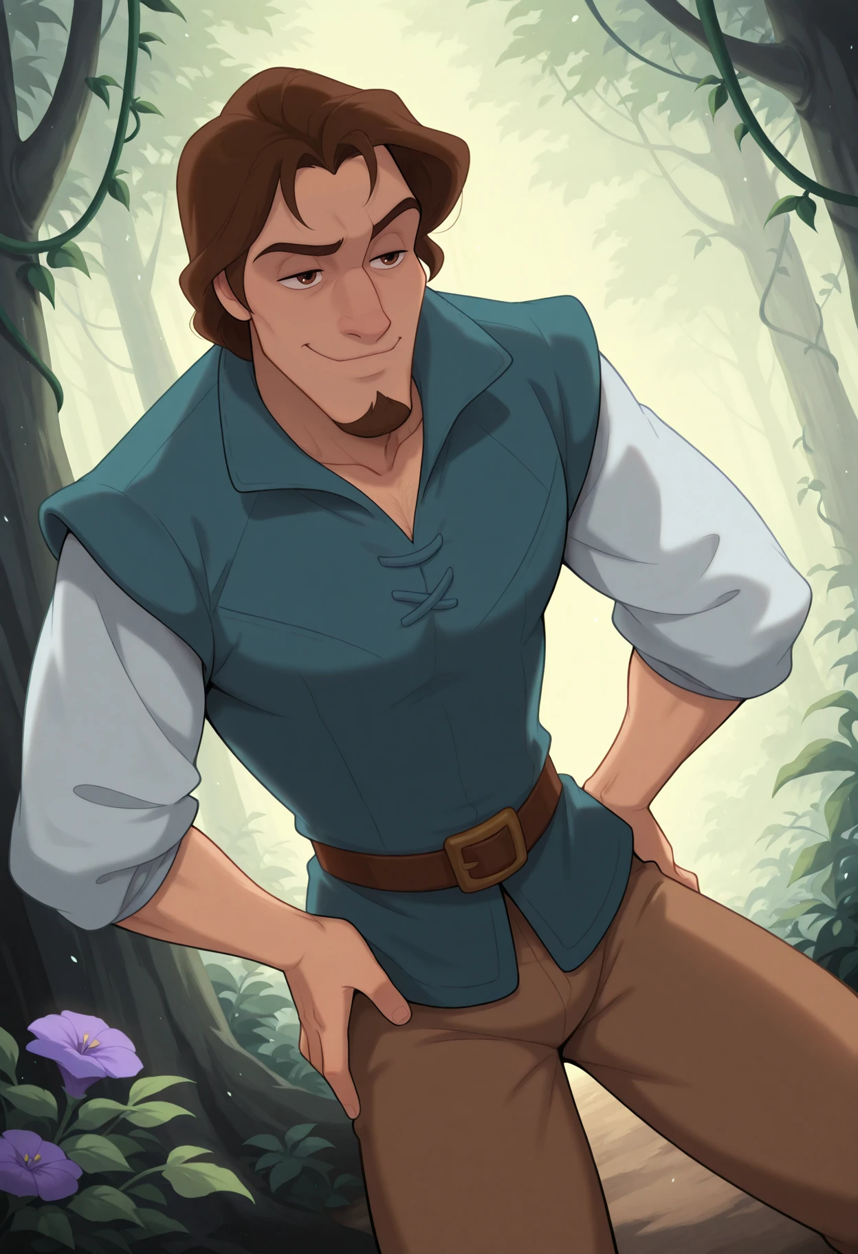 Solo, 1 male, ultradetailed, masterwork, masterpiece, best quality, complex lighting, dutch angle, movement, detailed face, detailed body, detailed eyes, perfect hands,
Flynn Rider, brown eyes, brown hair, hair strand, goatee, Pointed face, <lora:Flynn_Rider__Tangled:0.8>,
smug,
Blue vest, white shirt, belt, brown pants,
dynamic pose, hand on hip,
disney, DisneyClassics, <lora:DisneyClassicsStyle_illustrious_Leaf3-000010:0.4>, k0n0hanaya, <lora:-Konohanaya-000017:0.2>,
<lora:add-detail-xl:1>,
fairtyale forest, trees, vines with purple flowers, crumbling castle walls, multicolored background,