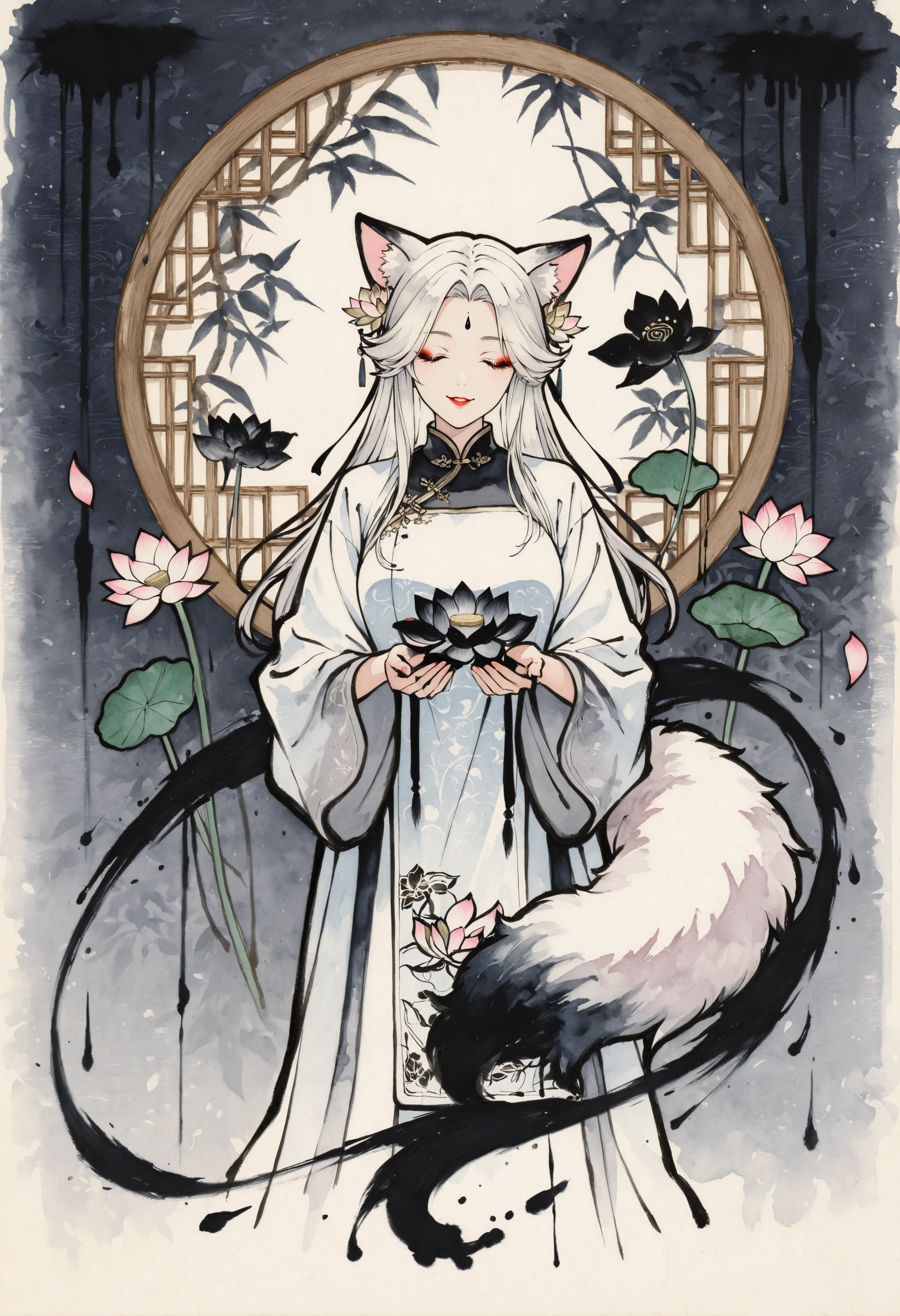 (masterpiece),(best quality),(ultra-detailed),very aesthetic,absurdres, newest,scenery,
<lora:Ink_Blossom:1> inbls
upper body, facing viewer, straight-on
1girl, jewelry, red chinese clothes, makeup, hair pin, long hair, white cat ears,white fluffy cat tail, fluffy tail, lotus print, cat girl, white hair, white fur, animal ears, closed eyes
holding (black ink lotus:1.6), black ink lotus focus, (holding lotus flower:1.5)
flower hair ornament
smile, parted lips, looking at viewer
flower petals
ink background
(ink:1.3), gouache \(medium\), watercolor effect, (painterly:1.4), watercolor \(medium\), (painting \(medium\):1.4), (ink swirl:1.6), ink splatter, paint splatter, paintbrush
(lineart:1.6), (thick lineart:1.7)
(ukiyo-e:1.2), (black outline:1.4), (sumi-e:1.3)