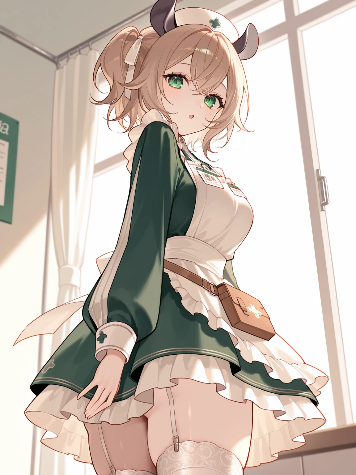 masterpiece, best quality, 1girl, solo, <lora:MrKeb_NimiNightmare_ILv2:1>, vtnimi, green eyes, short hair, brown hair, one side up, white hair ribbon, tapir ears, :o, nurse uniform, nurse cap, green dress, collared dress, puffy long sleeves, white apron, id badge, waist bag, white thighhighs, garter straps, frilled apron, frilled dress, from behind, ass, covering ass