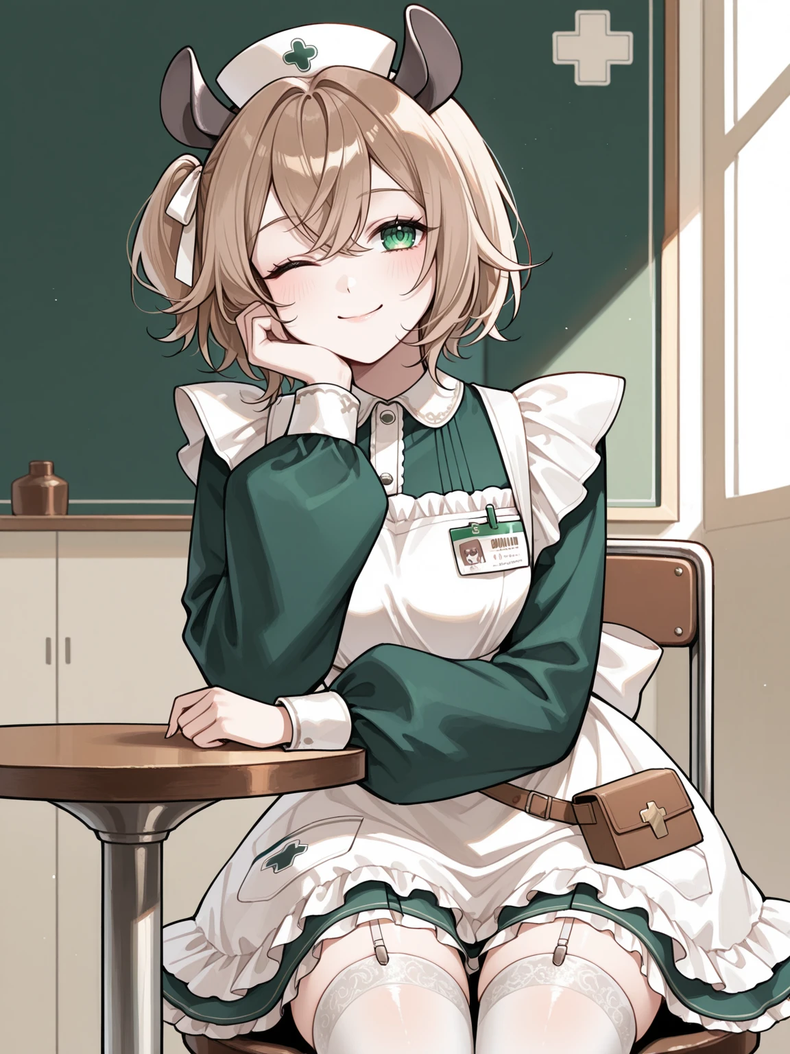 masterpiece, best quality, 1girl, solo, <lora:MrKeb_NimiNightmare_ILv2:1>, vtnimi, green eyes, short hair, brown hair, one side up, white hair ribbon, tapir ears, sweet smile, wink, nurse uniform, nurse cap, green dress, collared dress, puffy long sleeves, white apron, id badge, waist bag, white thighhighs, garter straps, frilled apron, frilled dress, head rest, sitting across table, indoors