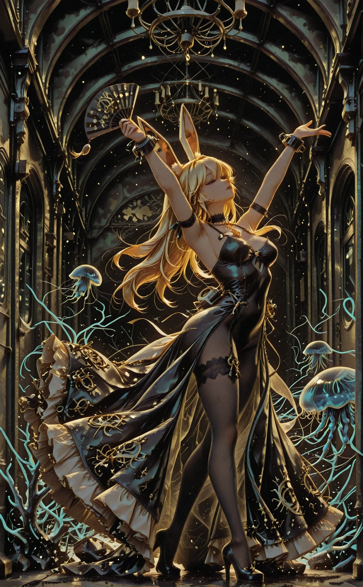 xpmbg, 1girl,  girl, rabbit girl, mid-spin dancing, flowing gown, pearl necklace, bioluminescent jellyfish, coral pillars, shimmering water surface above, holding fan, long hair swirling, elegant posture, ornate dress train, graceful movement, glowing particles