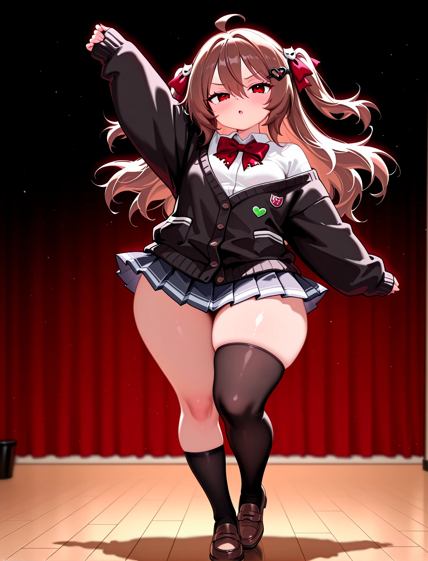 full body, dynamic pose, dancing, 1girl, solo,
<lora:LECO-mature_female_XL(ill)v11:1> , <lora:Curvier:1>plump, thick thighs, wide hips, curvy,
<lora:EvilNeuro:1> EvilV3, brown hair, long hair, two side up, red ribbons, hair between eyes, ahoge, red eyes, broken-heart hair ornament, red bow, off shoulder black cardigan, sleeves past wrists, white collared shirt, black pleated microskirt, asymmetrical black thighhigh, black single thighhigh, brown loafers,, IllusP0s, masterpiece, best quality, amazing quality, very aesthetic, absurdres, newest, Smooth_Quality