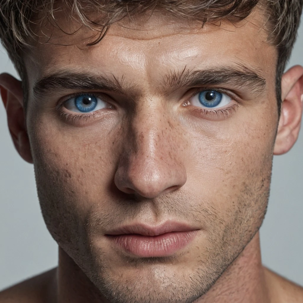 cinematic film still photo of a 25 yo male model, posing, studio, headshot, intense deep blue eyes, model look, fashion photoshoot, hyperdetailed photography, skin details, chiseled jawline, epic, dslr photo, determined look, realistic eyes with iris and pupil