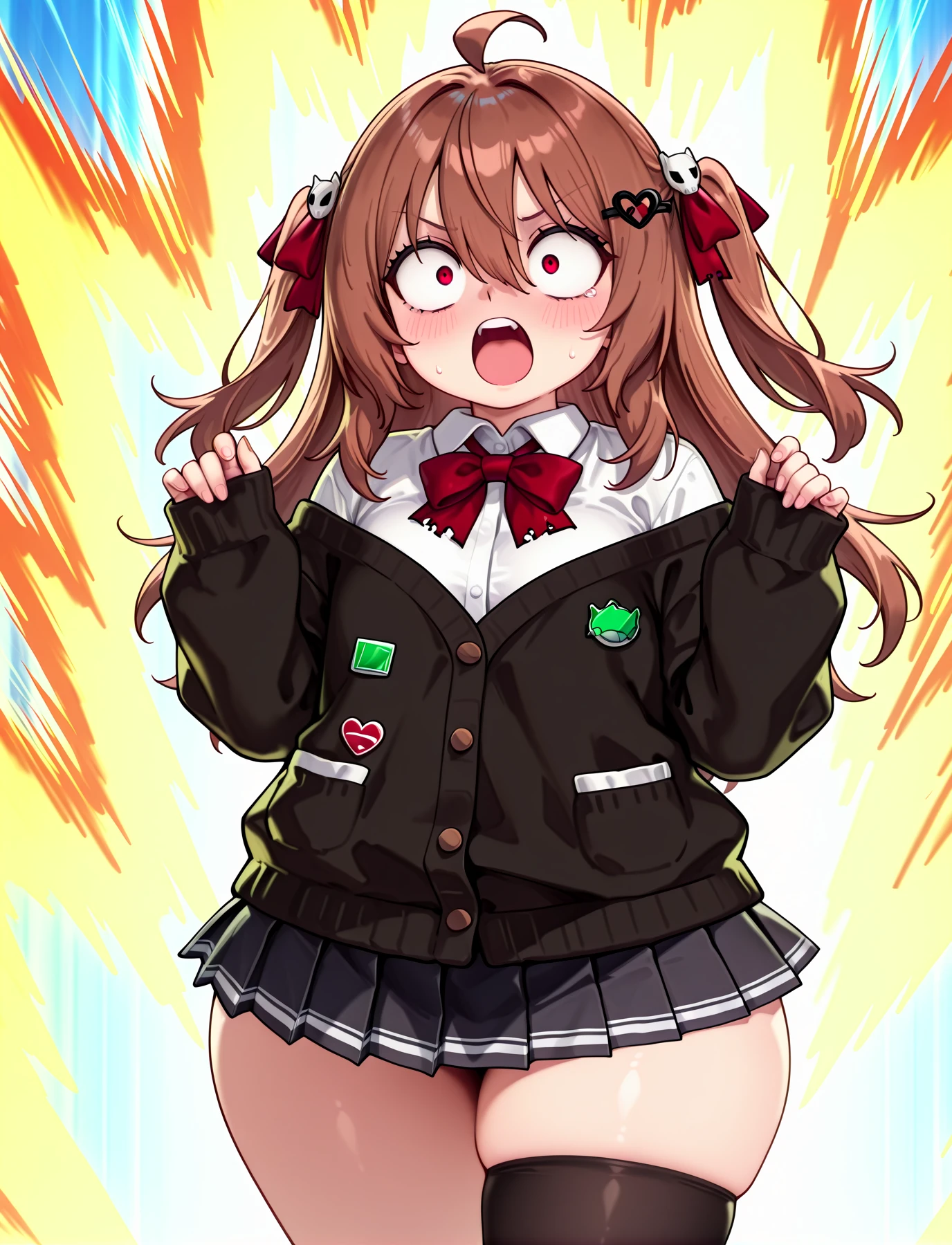 <lora:LECO-mature_female_XL(ill)v11:1> , <lora:Curvier:1>plump, thick thighs, wide hips, curvy,
<lora:EvilNeuro:1> EvilV3, brown hair, long hair, two side up, red ribbons, hair between eyes, ahoge, red eyes, broken-heart hair ornament, red bow, button badges, turtle pin, off shoulder black cardigan, sleeves past wrists, white collared shirt, black pleated microskirt, asymmetrical black thighhigh, black single thighhigh, brown loafers,
<lora:mai_a_screaming:1> mai_a_screaming, aura, open mouth, hands up, wide-eyed, upper teeth only, IllusP0s, masterpiece, best quality, amazing quality, very aesthetic, absurdres, newest, Smooth_Quality