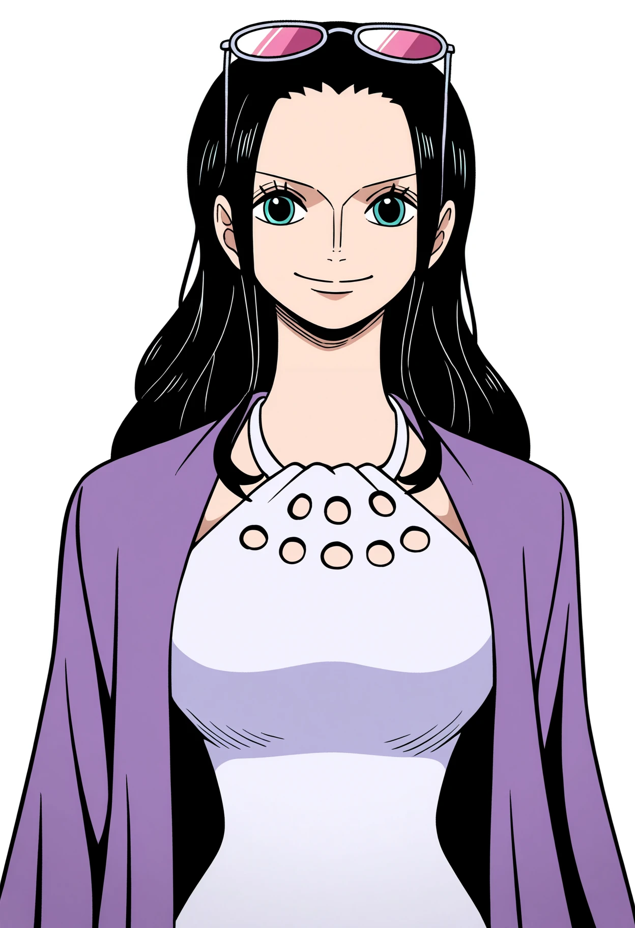 masterpiece, best quality, very aesthetic, absurdres,
1girl, nico robin, black hair, long hair,, aqua eyes,
purple coat, white dress, sunglasses on head,
upper body, smile,
looking at viewer, solo, simple background, white background, <lora:NicoRobinStampedeNoobXL_byKonan:1>