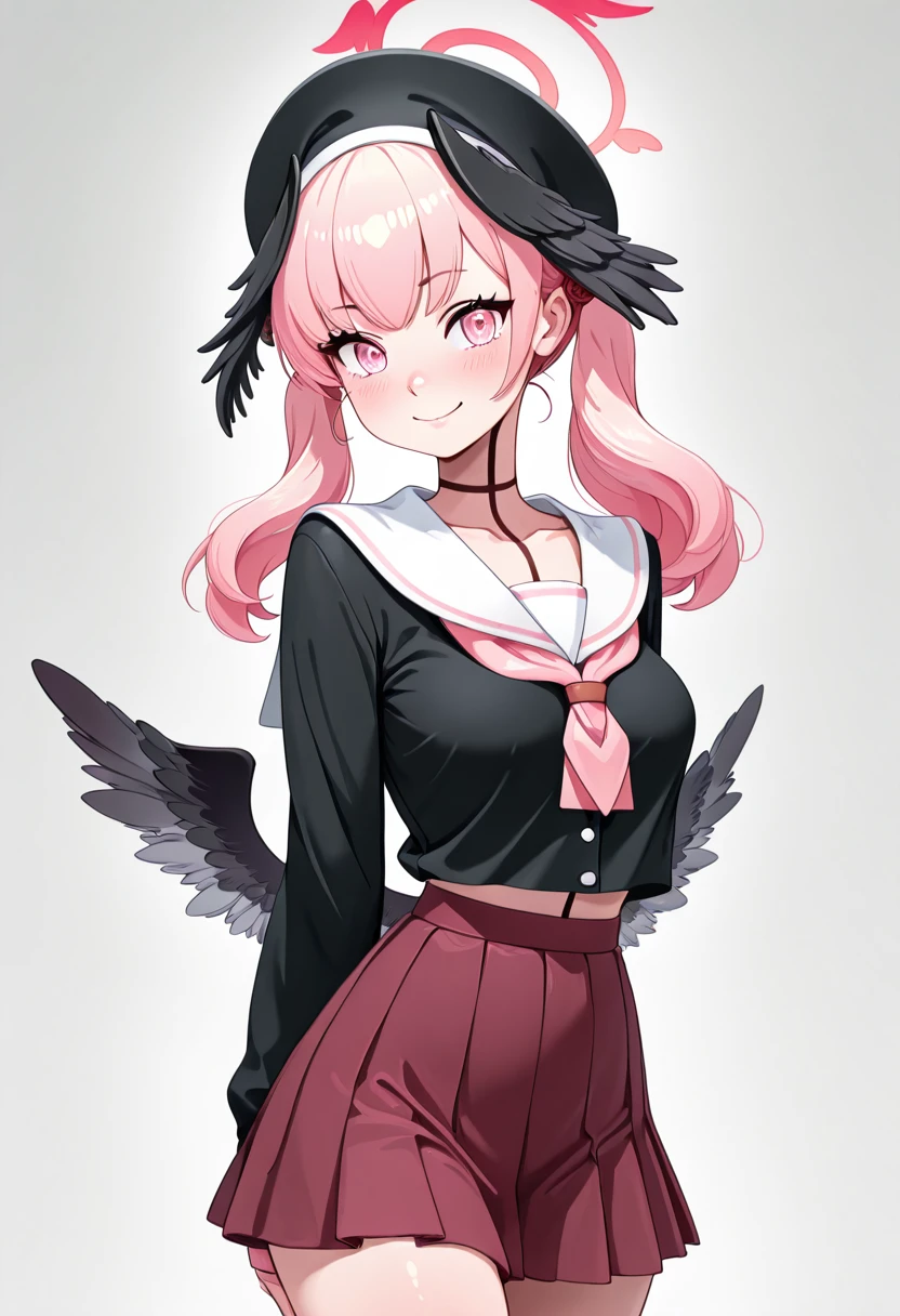 masterpiece, best quality, solo, curvy, beautiful eyes, narrow waist, wide hips, 1girl, solo, smile, looking at viewer, zzKoharu, pink eyes, pink hair, pink halo, wings, head wings, black wings, twintails, feathered wings, halo, long hair, aged up, large breasts, low wings, black headwear, beret, black shirt, long sleeves, pleated skirt, white sailor collar, ,<lora:ShimoeKoharuBlueArchive_IXL_v1:1.0>, , solo, looking at viewer, F1uxi3, close up, realistic, detailed eyes, <lora:FluxieStyle_IXL:1.0>,