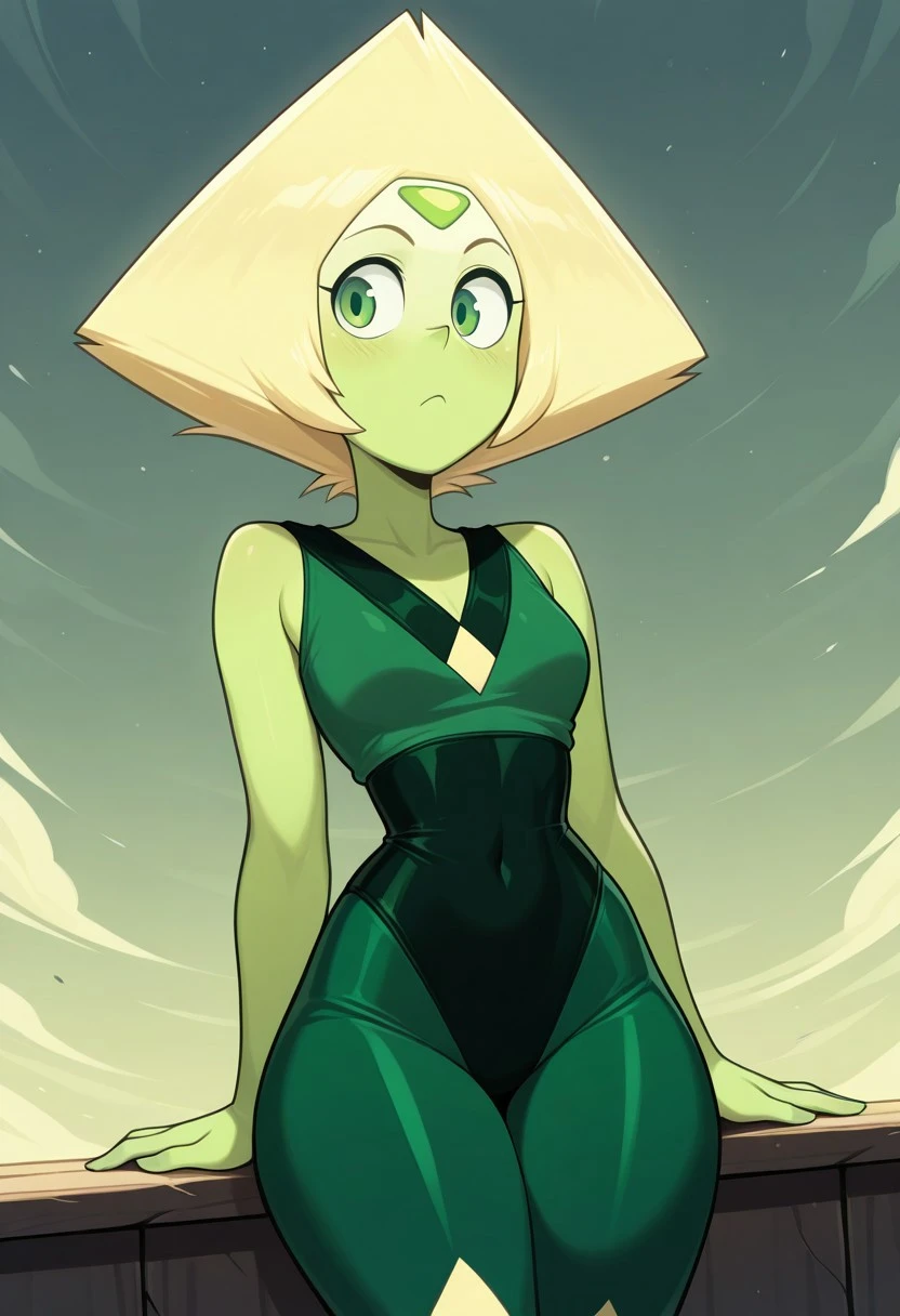masterpiece, best quality, newest, absurdres, highres, 1girl, solo, peridotILL, green skin, green eyes, blonde hair, short hair, green sleeveless bodysuit,