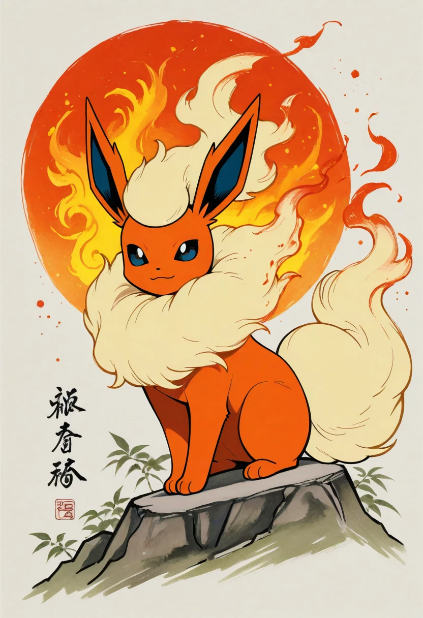 (masterpiece),(best quality),(ultra-detailed),very aesthetic,absurdres, newest,scenery,
 <lora:Ink_Blossom:1> inbls
portrait of flareon, looking at viewer, pokemon \(creature\), pokemon focus
fire background
(ink:1.3), gouache \(medium\), watercolor effect, (painterly:1.4)
(lineart:1.6), (thick lineart:1.7)
(ukiyo-e:1.5)