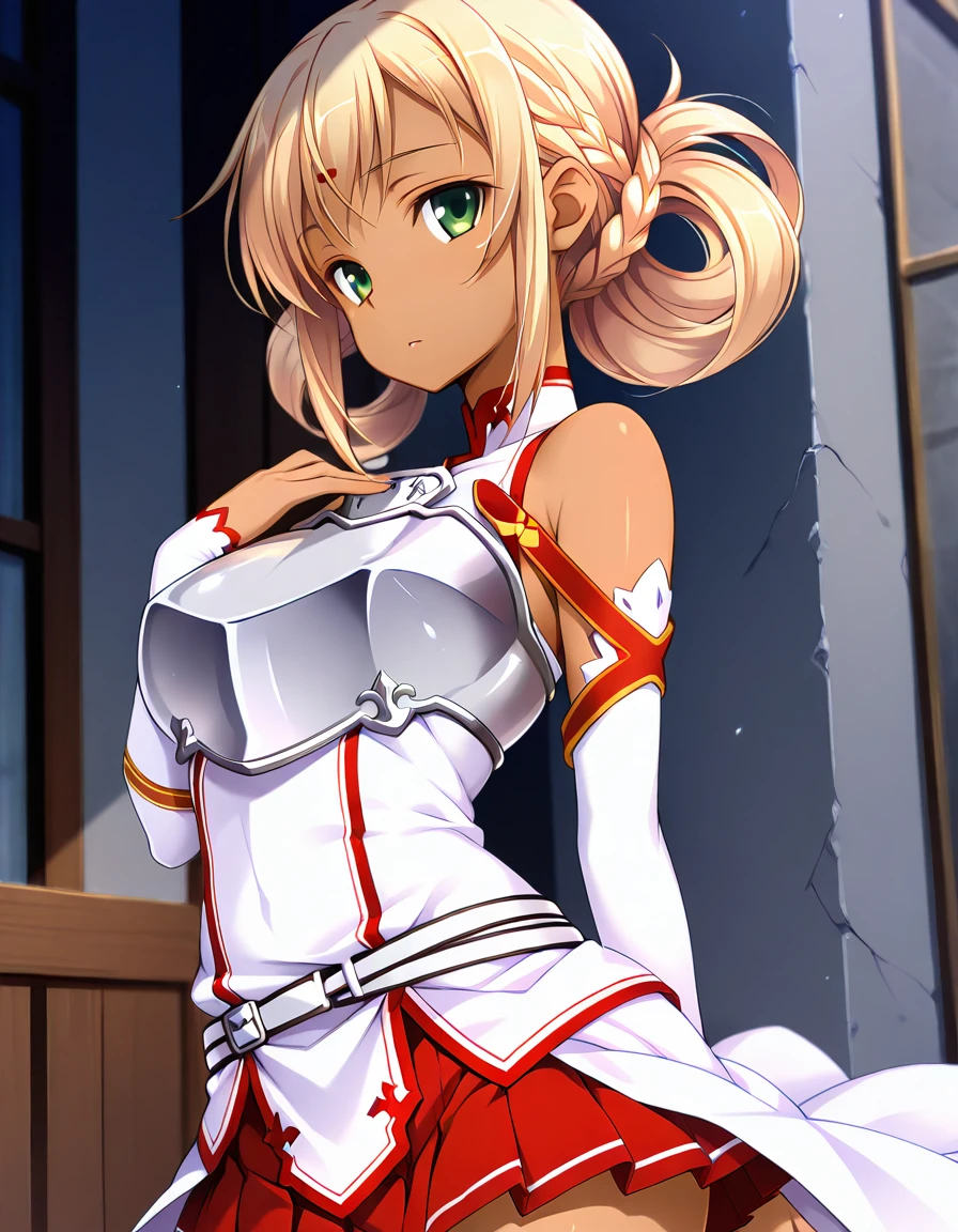 masterpiece, best quality, amazing quality, ultra detail, best resolution, good , good hand,
BREAK <lora:Knights-of-the-Blood-Oath-uniform-illustrious v2:1> Knights-of-the-Blood-Oath-uniform, anime costume, white thighhighs, detached sleeves, skirt, white dress, waist cape, armored dress, breastplate, red skirt, pleated skirt, mini skirt
BREAK <lora:Nanatsuki-Shuri chu×pet (Atelier Kaguya)-illustrious:1> Nanatsuki-Shuri, red clover tika, blonde hair, green eyes, , dark skin, dark skin female, short hair, hair braid, hair rings