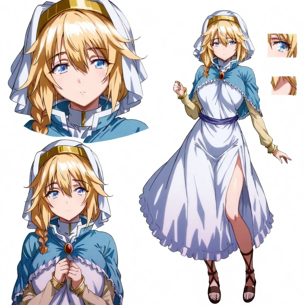 solo,anime coloring,looking at viewer,masterpiece,high score,great score,absurdres,<lora:character_Sheet_XL:0.5> character sheet, multiple views, white background,<lora:ElenaCleric ag4o:1> elenacleric, blonde hair, braid, blue eyes,nun,dress,capelet,sash,sandals,