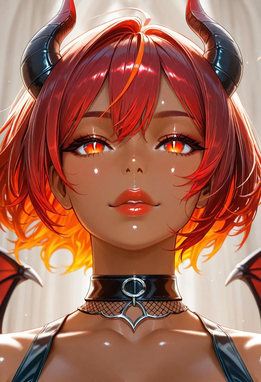 score_9_up, score_8_up, score_7_up, masterpiece, absurdres, raytracing, ambient occlusion, dynamic, cinematic, depth of field,8K,illustration, shiny hair,clear skin,(((ultra-detailed-eyes:1.4))), (((perfectly shaped lips:1.3))), ((ultra-detailed face:1.3)), [1succubus woman, black horns with red tips, bat wings with black frame and gradient red, black tail, red flaming eyes, red lip color, red fiery hair with yellow and orange tips, two colors hair, short hair, dark skin, toned body, long sharp fingernails, wearing a short black goth dress with fishnet stockings and a leather choker on her neck, a little mischievous smirk],
