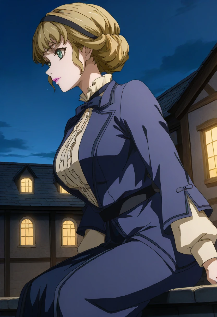 anime screenshot,masterpiece,best quality,1girl,solo,short hair,blonde hair,sidelocks,double bun,blue hairband,green eyes,lipstick,large breasts,blue coat,white shirt,long sleeves shirt,puffy shirt sleeves,long sleeves coat,collared shirt,blue bowtie,center frills,black sash,blue skirt,long skirt,<lora:shop_recaption4:1>,(Character),score_9, score_8_up, score_7_up, score_6_up, source_anime, masterpiece, best quality, absurdres, highres, newest, anime coloring <break> 1girl, solo, sitting, on wall, from side, town, night sky, cloud.,