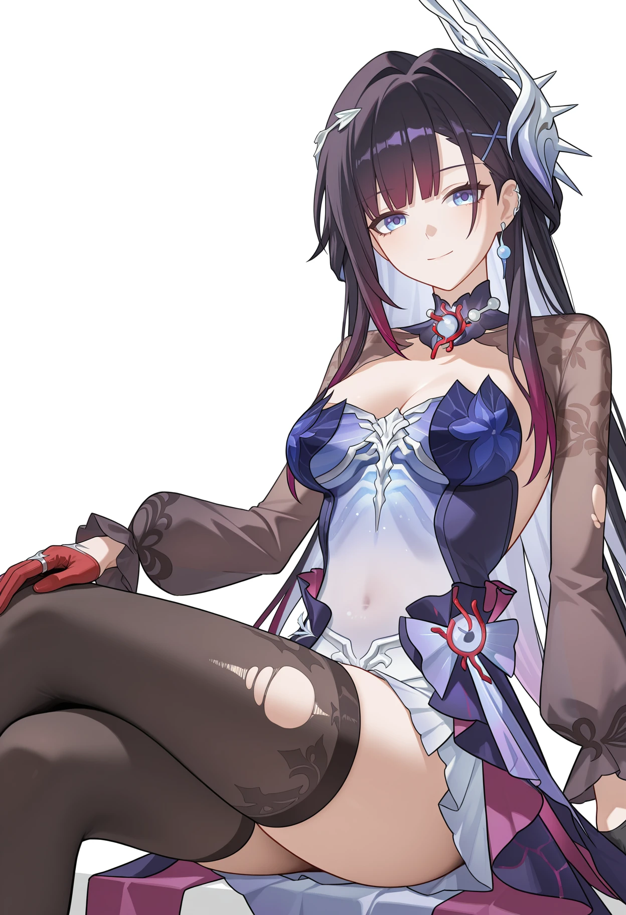 <lora:æµ·çé³ v1.1-Illustrious:1>,
hysilens \(honkai: star rail\),solo,gloves,breasts,smile,long sleeves,looking at viewer,dress,hair ornament,jewelry,closed mouth,half gloves,black gloves,earrings,medium breasts,cleavage,purple dress,single earring,strapless,strapless dress,ribs,cowboy_shot,blue dress,blue eyes,purple eyes,red glove,see-through,crossed_legs,sitting,black thighhighs,torn thighhighs,see-through skin,no navel,see-through belly,blue belly,simple_background,white_background,