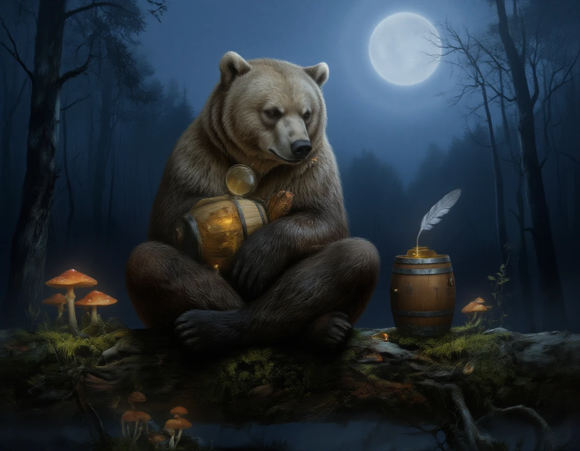 <lora:mishka:1>A bear sits cross-legged on a mossy log under a full moon, his honey barrel balanced carefully beside him. His fur glows softly in the silver light, and his eyes are half-closed, lost in thought. One paw holds a magnifying glass, the other rests on his lap. Around him: glowing mushrooms, a single feather drifting down, the hush of the forest in the night. Background: a twilight forest, soft blue light, shadows stretching long. Style: realistic wildlife illustration, ethereal lighting, subtle textures of fur and forest floor. Mood: reflective, introspective, touched by magic.