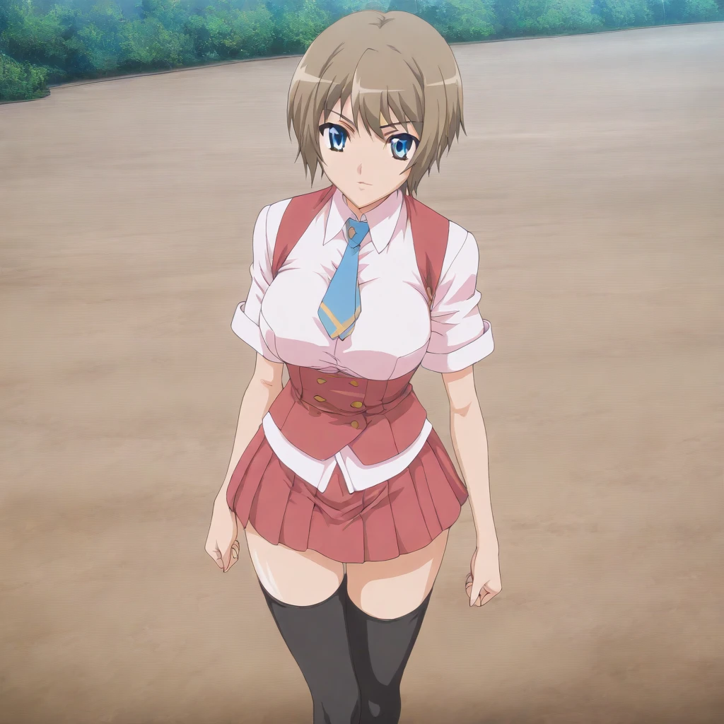 solo,masterpiece,high score,great score,absurdres,anime coloring,looking at viewer,<lora:AyaneInui hassakuill30:1> ayaneinui, brown hair, short hair, blue eyes,school uniform,necktie,skirt,black thighhighs,